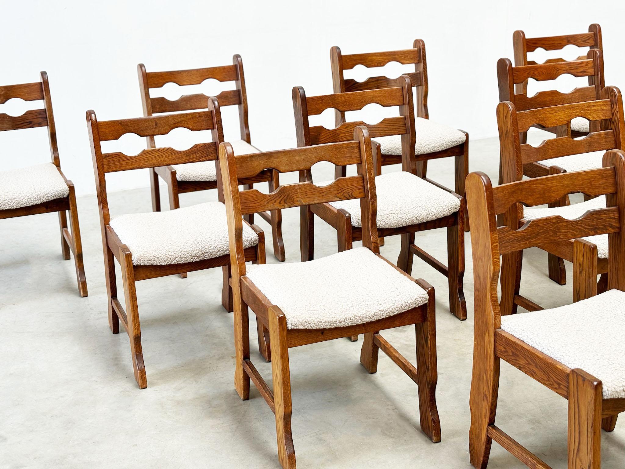 Set of ten oak brutalist razorback and bouclé dining chairs 5