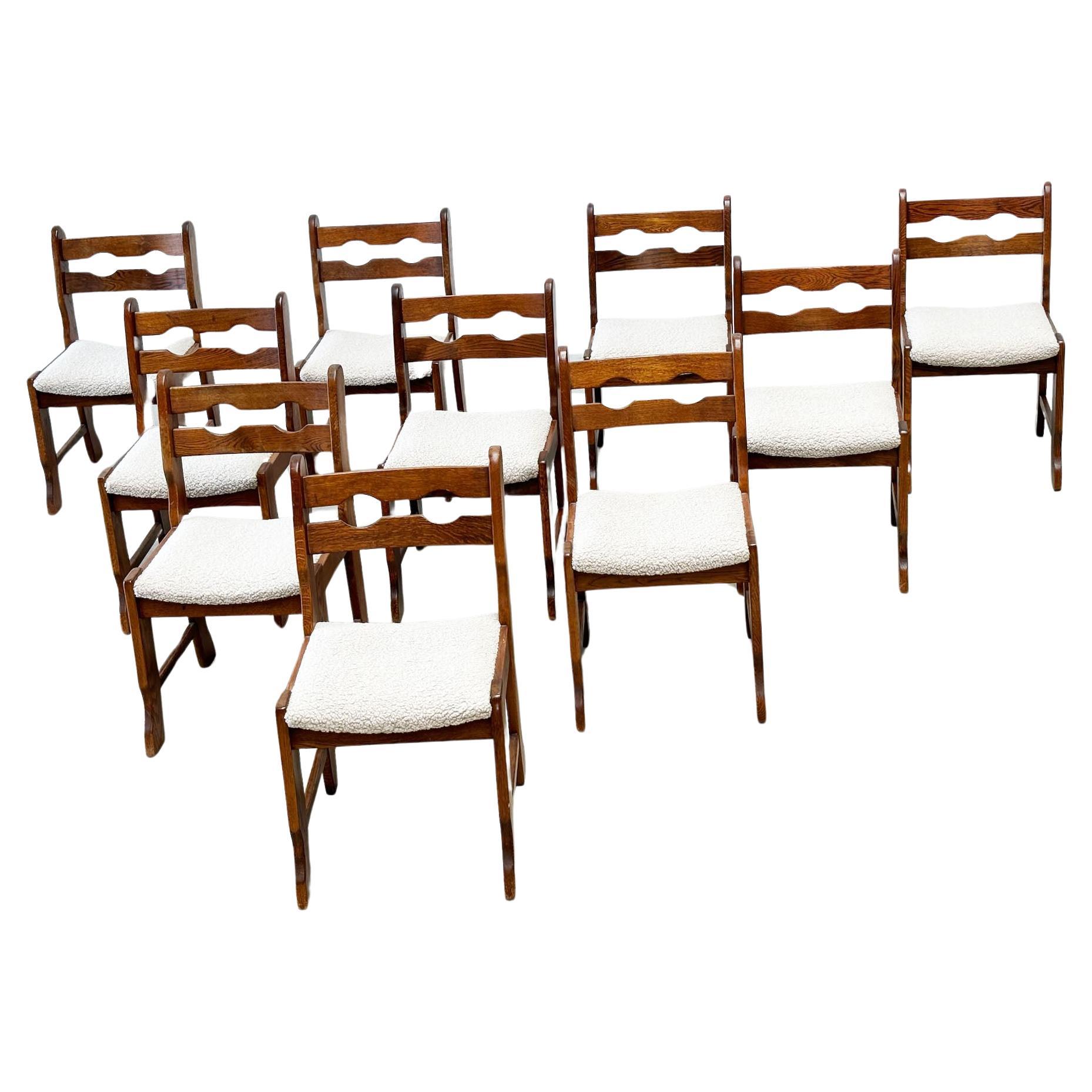 European Set of ten oak brutalist razorback and bouclé dining chairs