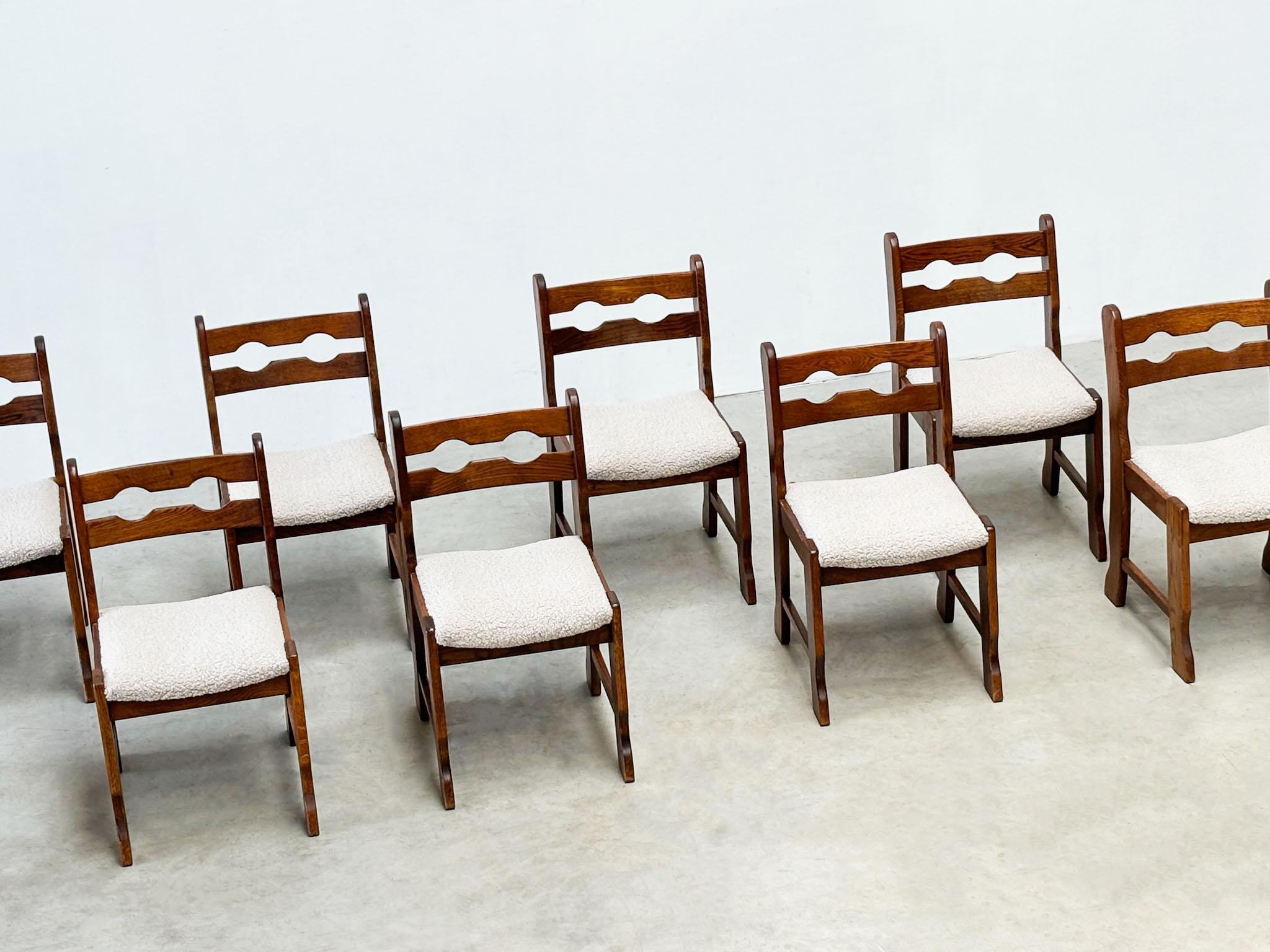 Late 20th Century Set of ten oak brutalist razorback and bouclé dining chairs