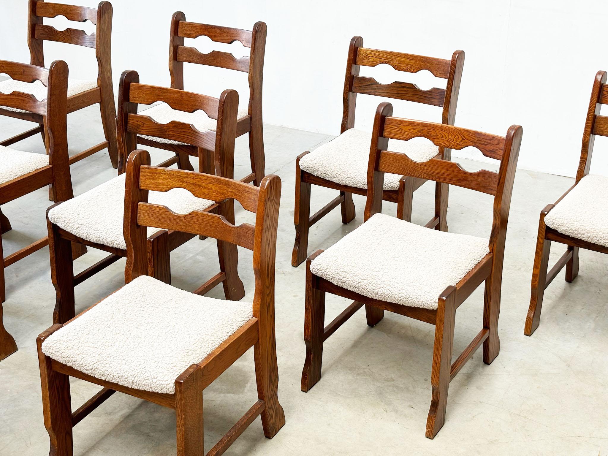 Set of ten oak brutalist razorback and bouclé dining chairs 1
