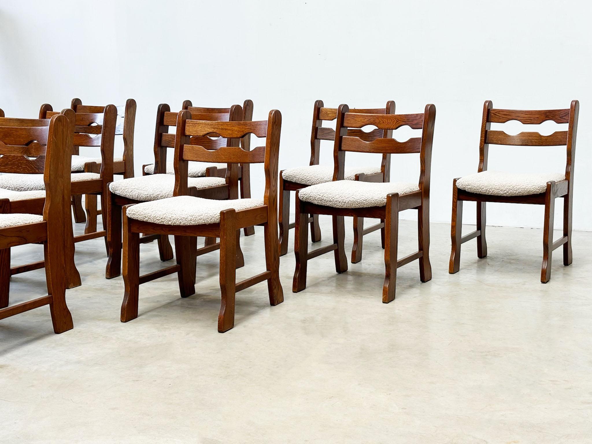 Set of ten oak brutalist razorback and bouclé dining chairs 2