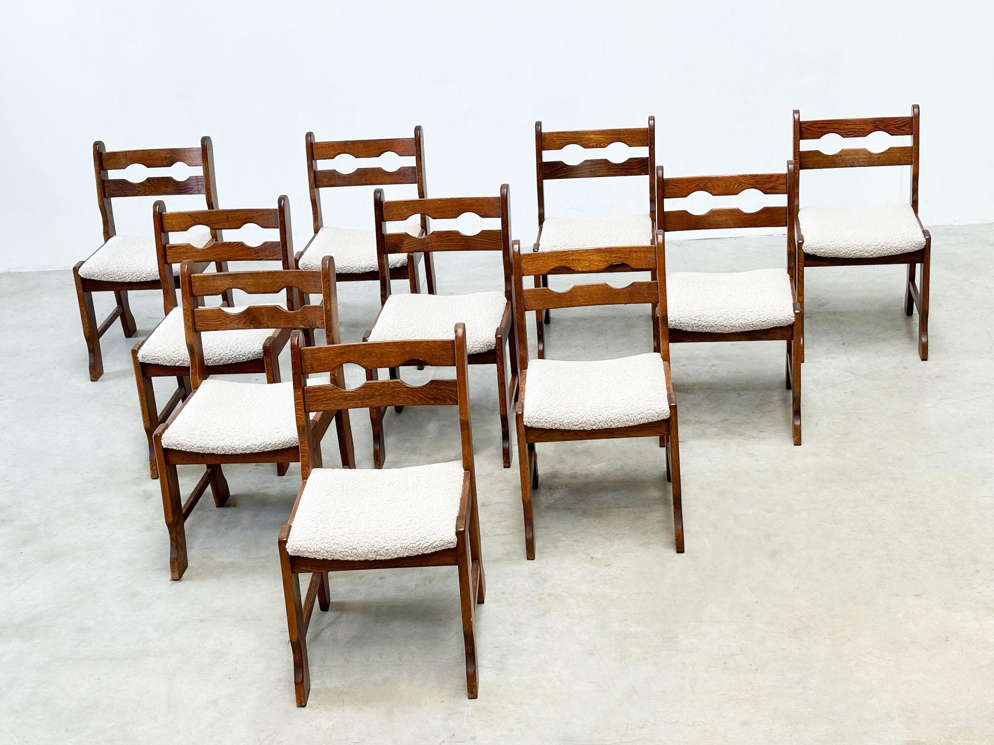 Set of ten oak brutalist razorback and bouclé dining chairs 3