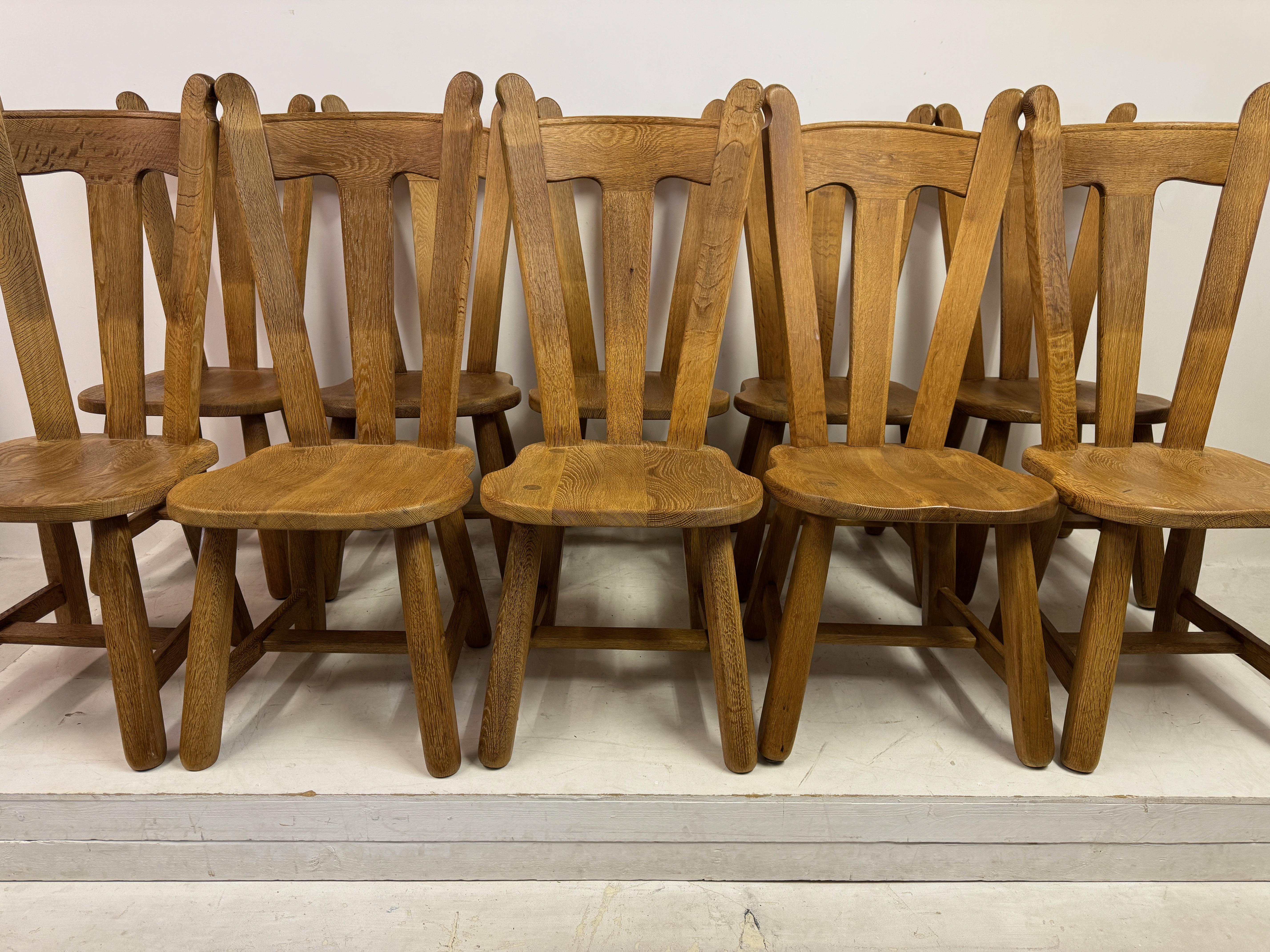 Brutalist Set of Ten Oak Dining Chairs by De Puydt For Sale