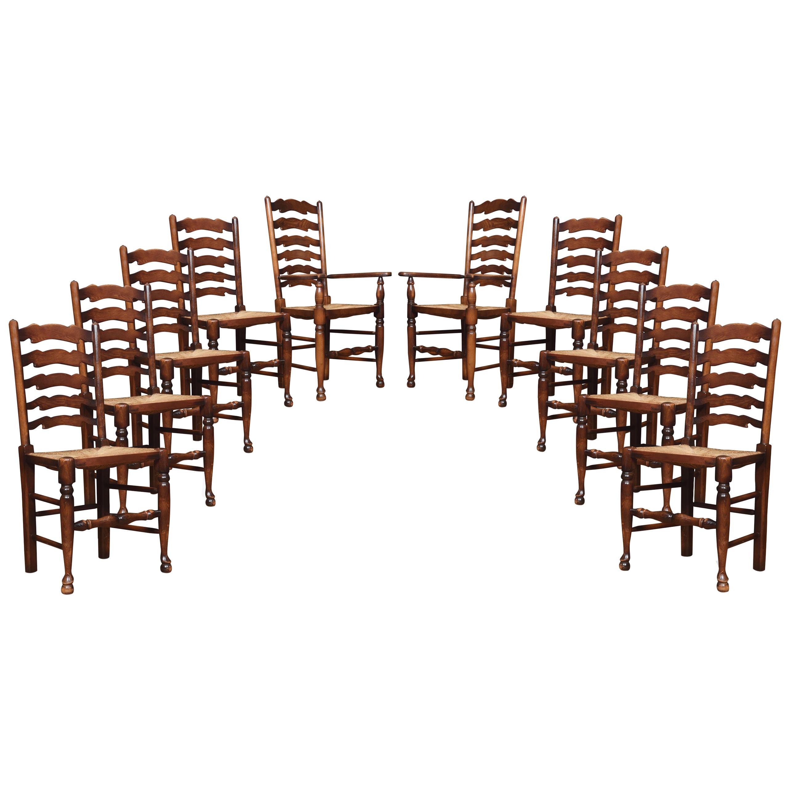 Set of Ten Oak Ladder Back Dining Chairs