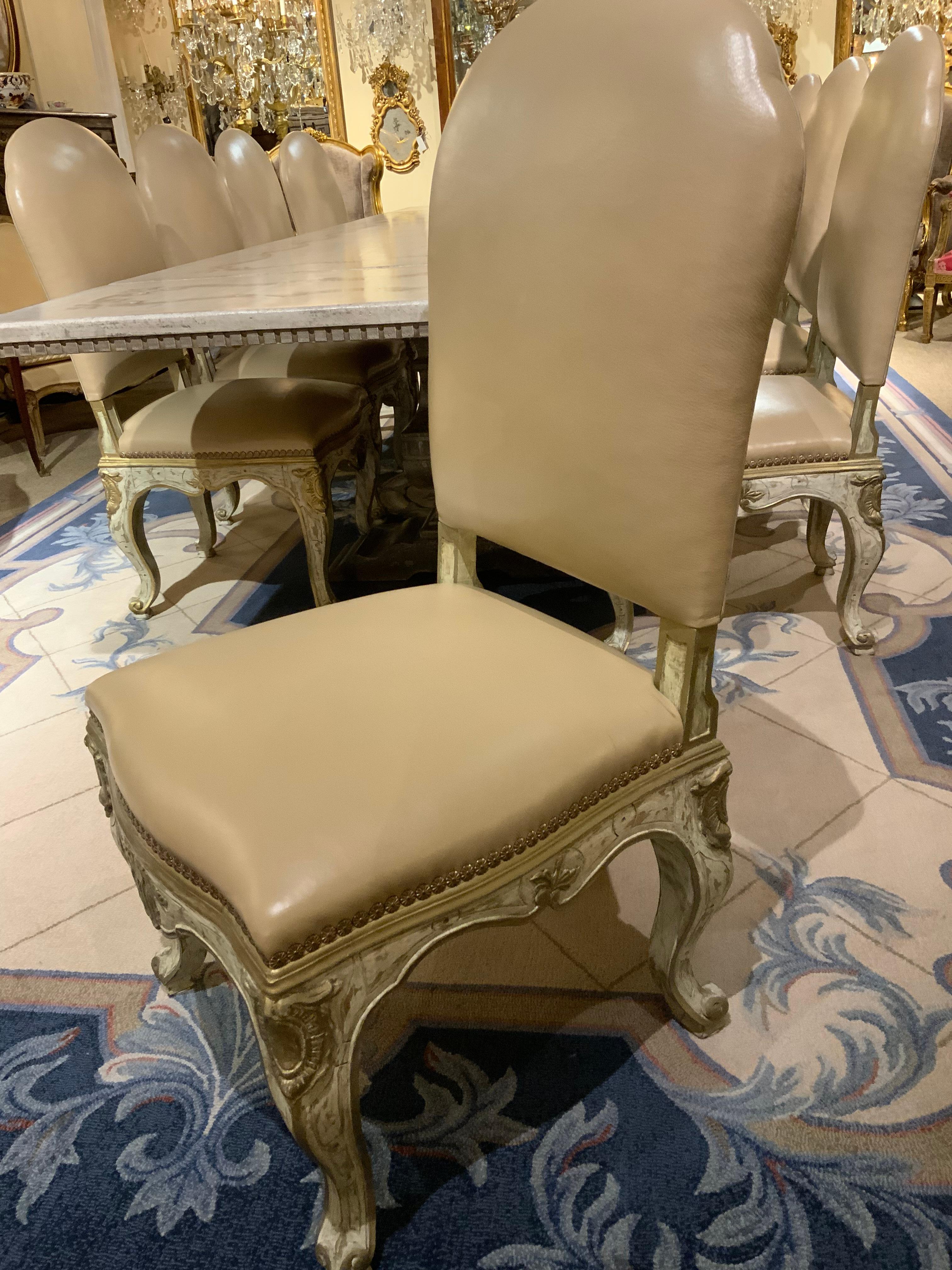 Set of Ten Vintage Italian Dining Chairs in Cream Leather /Painted Gray Table 1