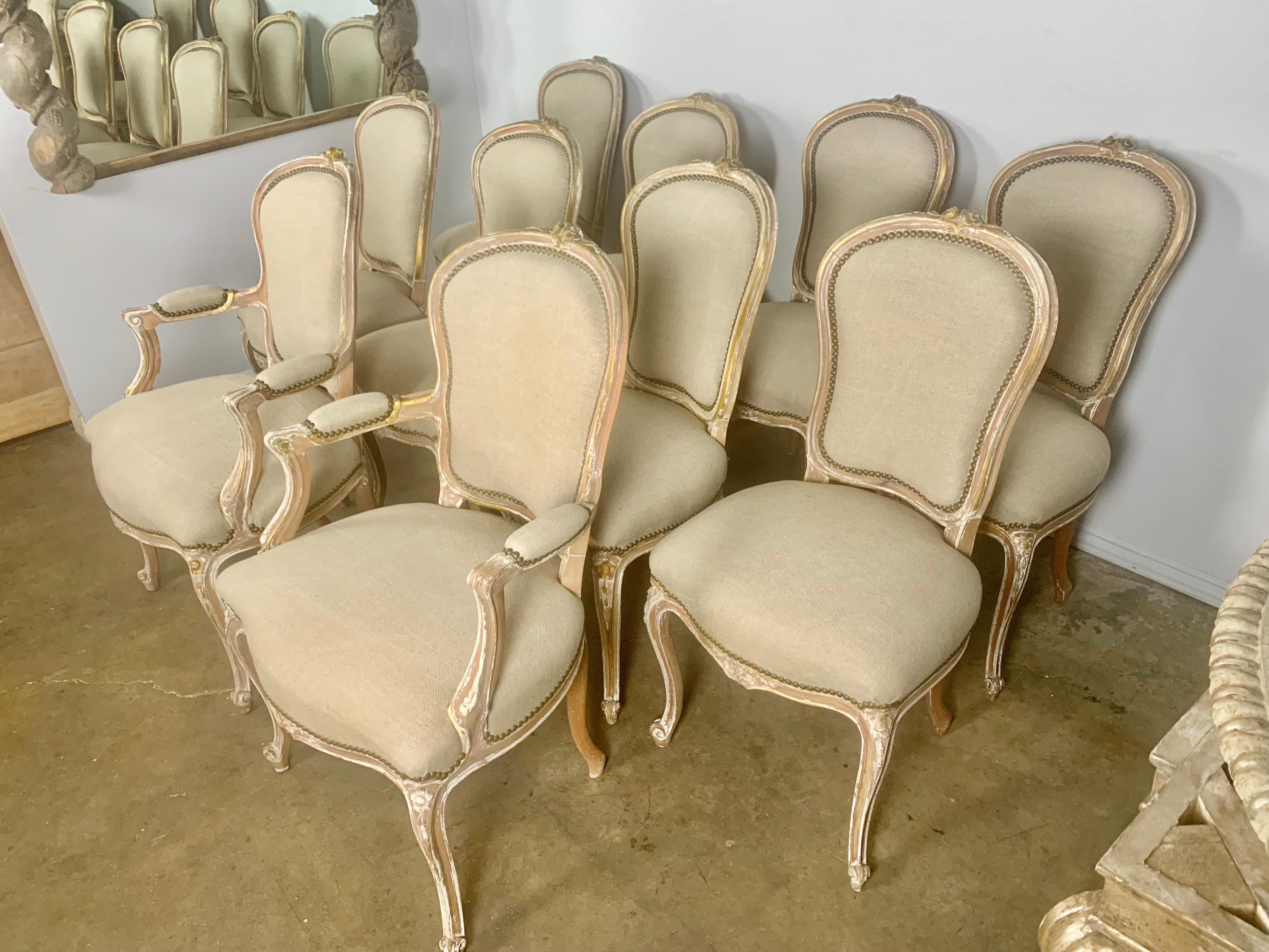 Set of Ten Painted Louis XV Style French Dining Chairs In Distressed Condition In Los Angeles, CA