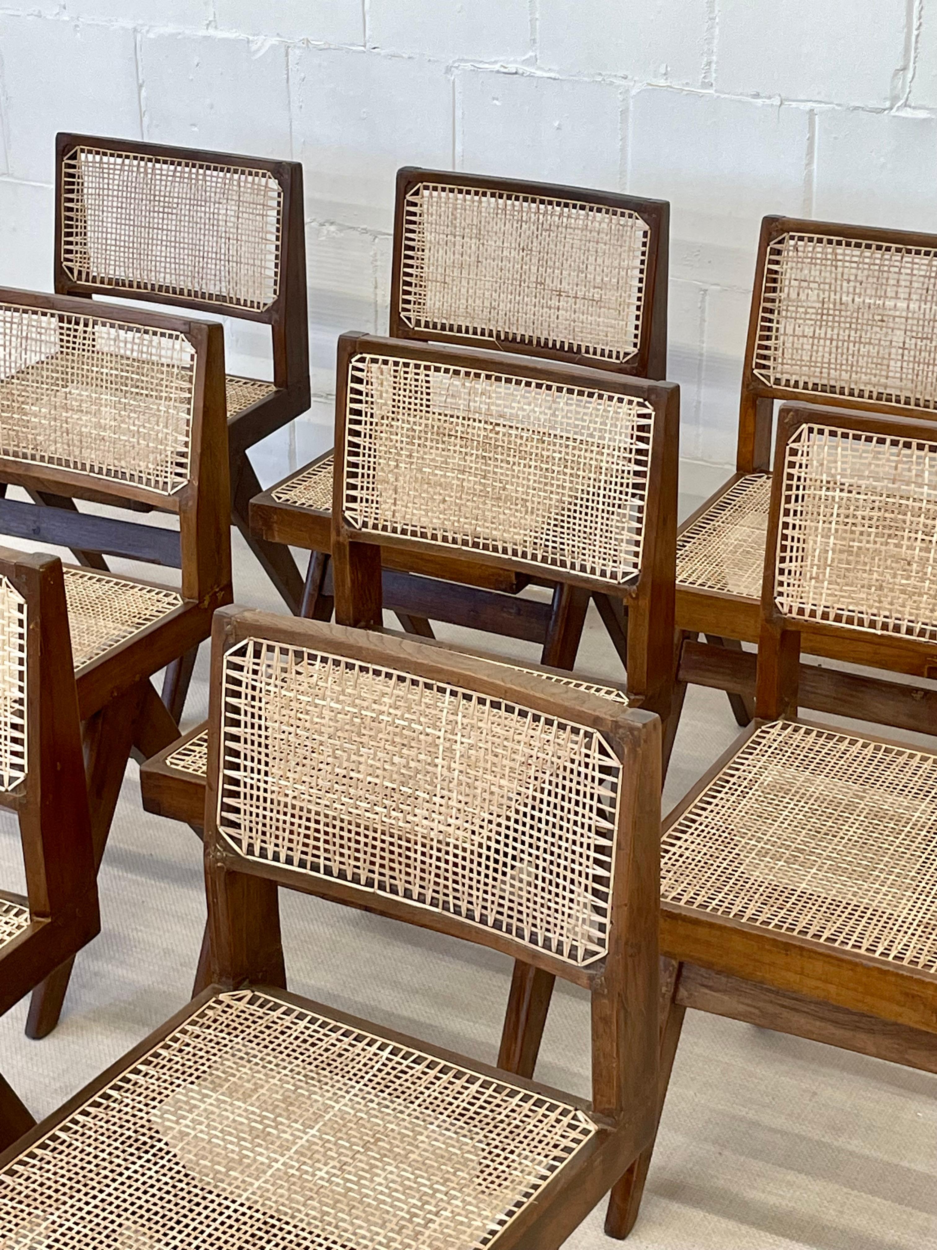 10 Pierre Jeanneret Armless Dining Chairs, Teak, Cane, France/India 1