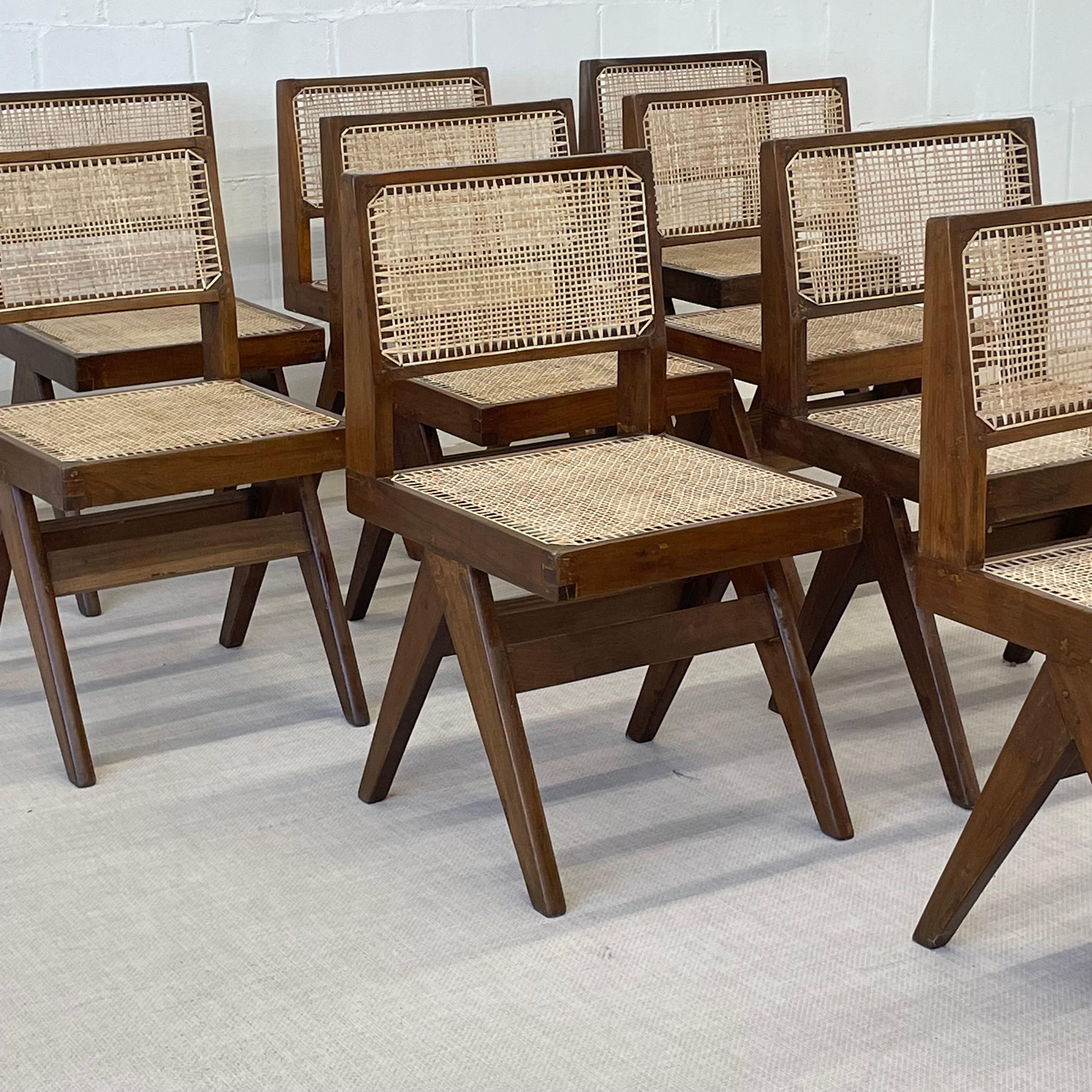 10 Pierre Jeanneret Armless Dining Chairs, Teak, Cane, France/India 2