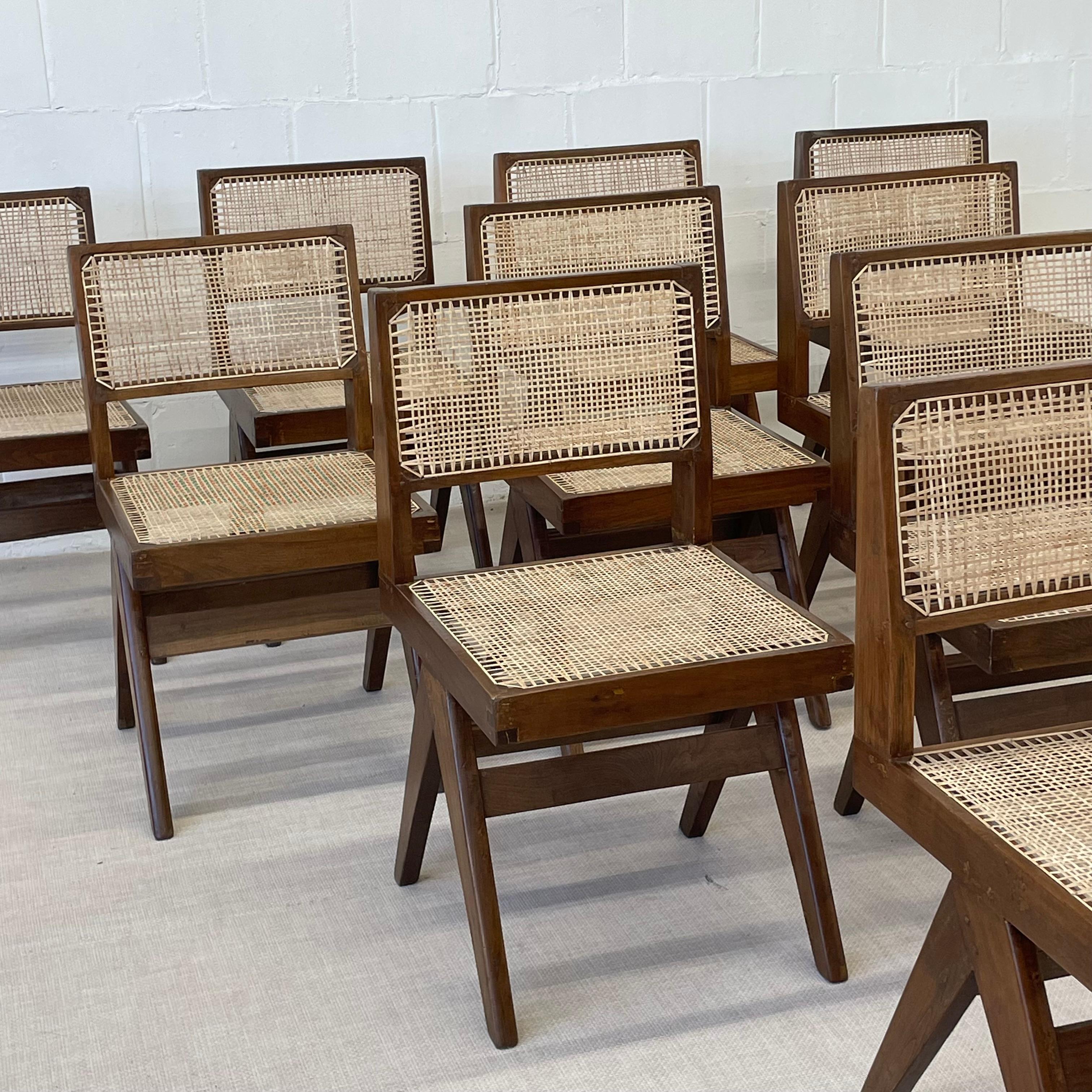 10 Pierre Jeanneret Armless Dining Chairs, Teak, Cane, France/India 3