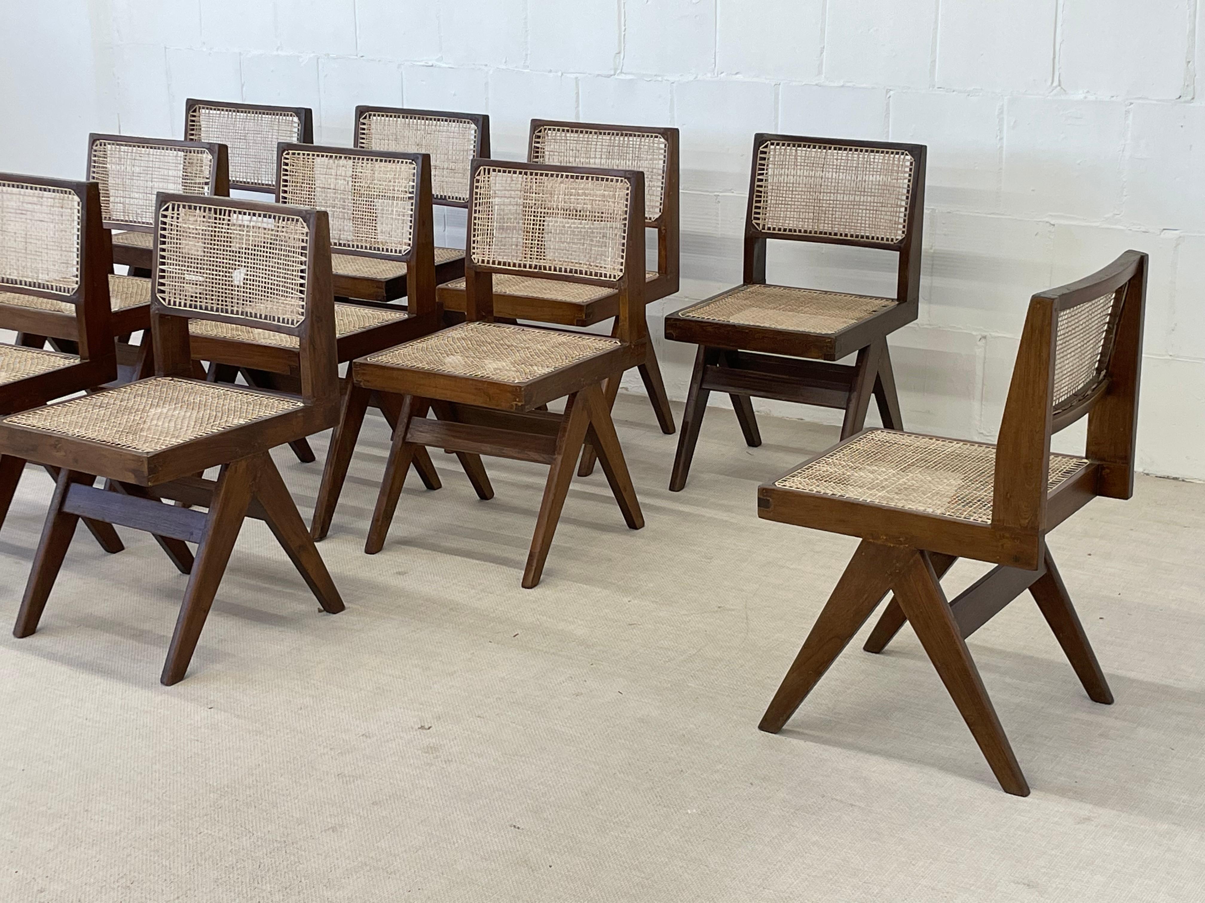 10 Pierre Jeanneret Armless Dining Chairs, Teak, Cane, France/India 4