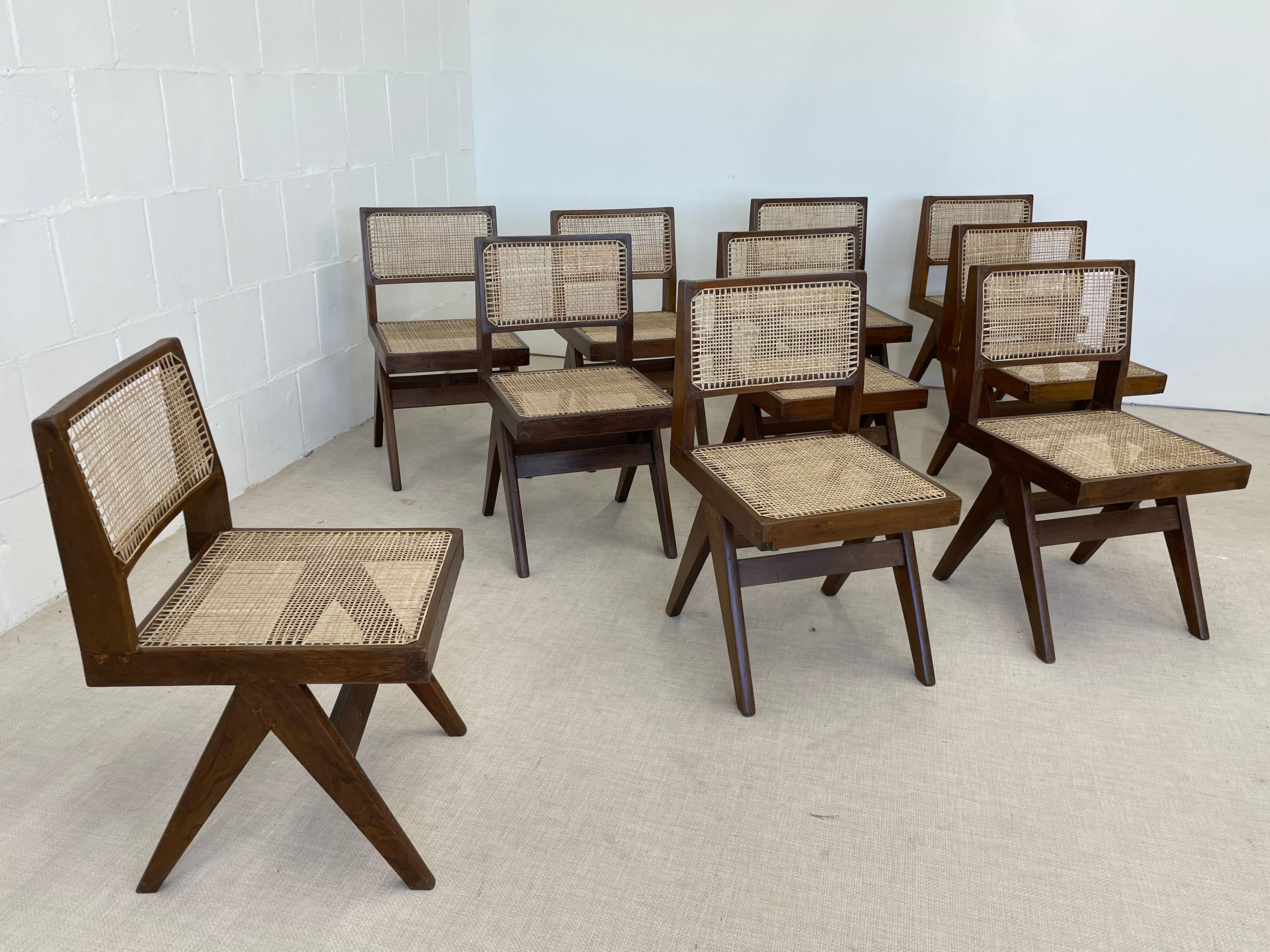 10 Pierre Jeanneret Armless Dining Chairs, Teak, Cane, France/India 5