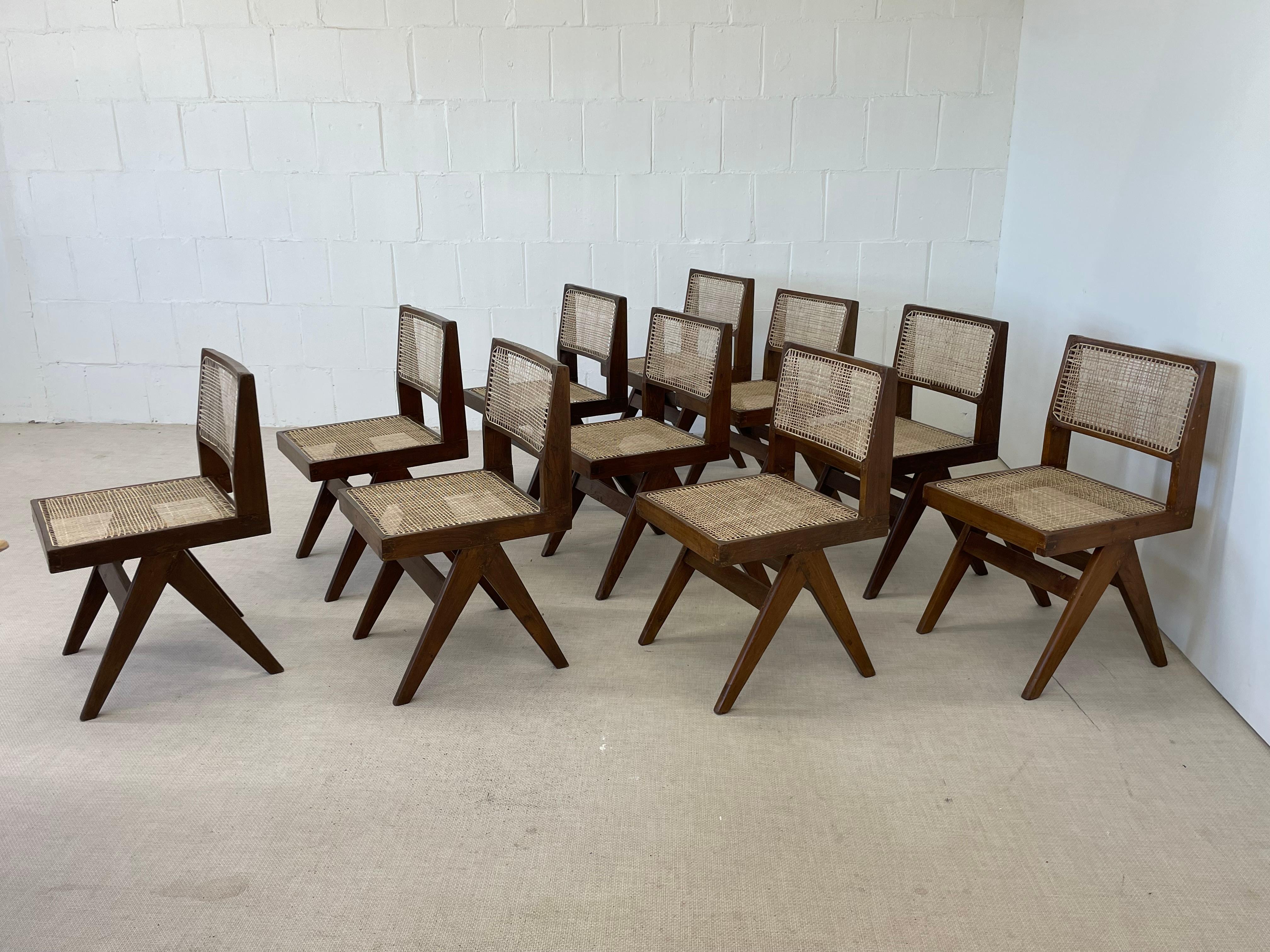 10 Pierre Jeanneret Armless Dining Chairs, Teak, Cane, France/India 6
