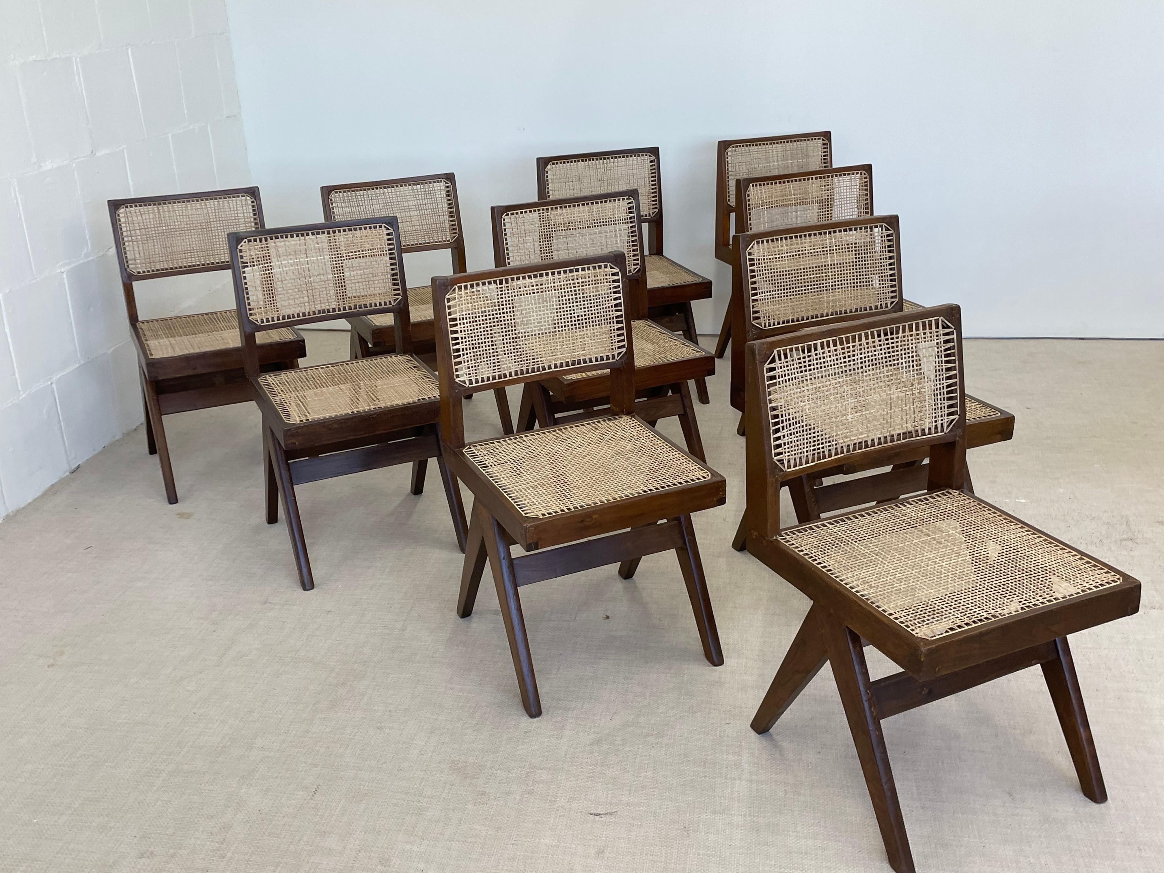 10 Pierre Jeanneret Armless Dining Chairs, Teak, Cane, France/India 7