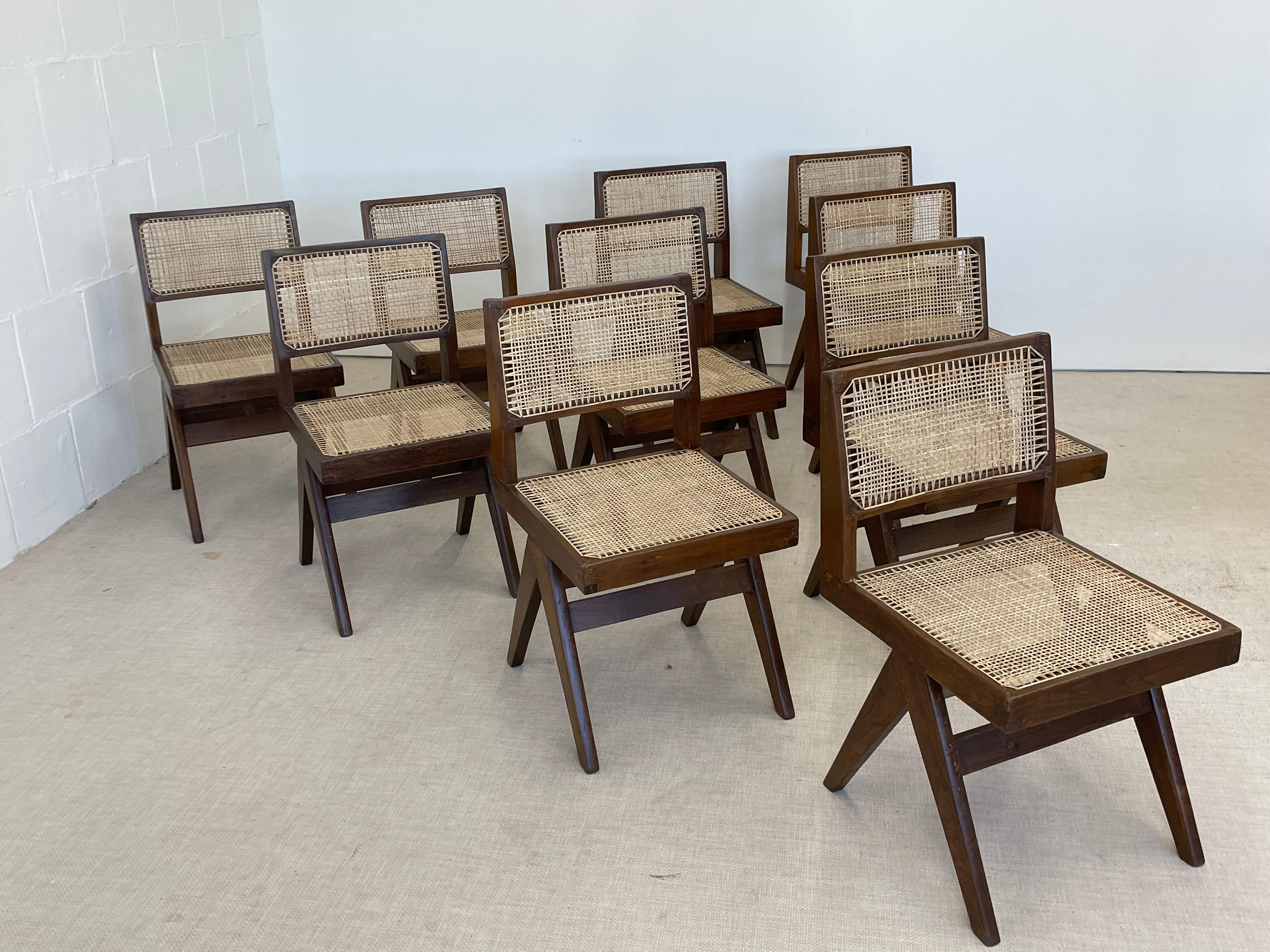10 Pierre Jeanneret Armless Dining Chairs, Teak, Cane, France/India 8