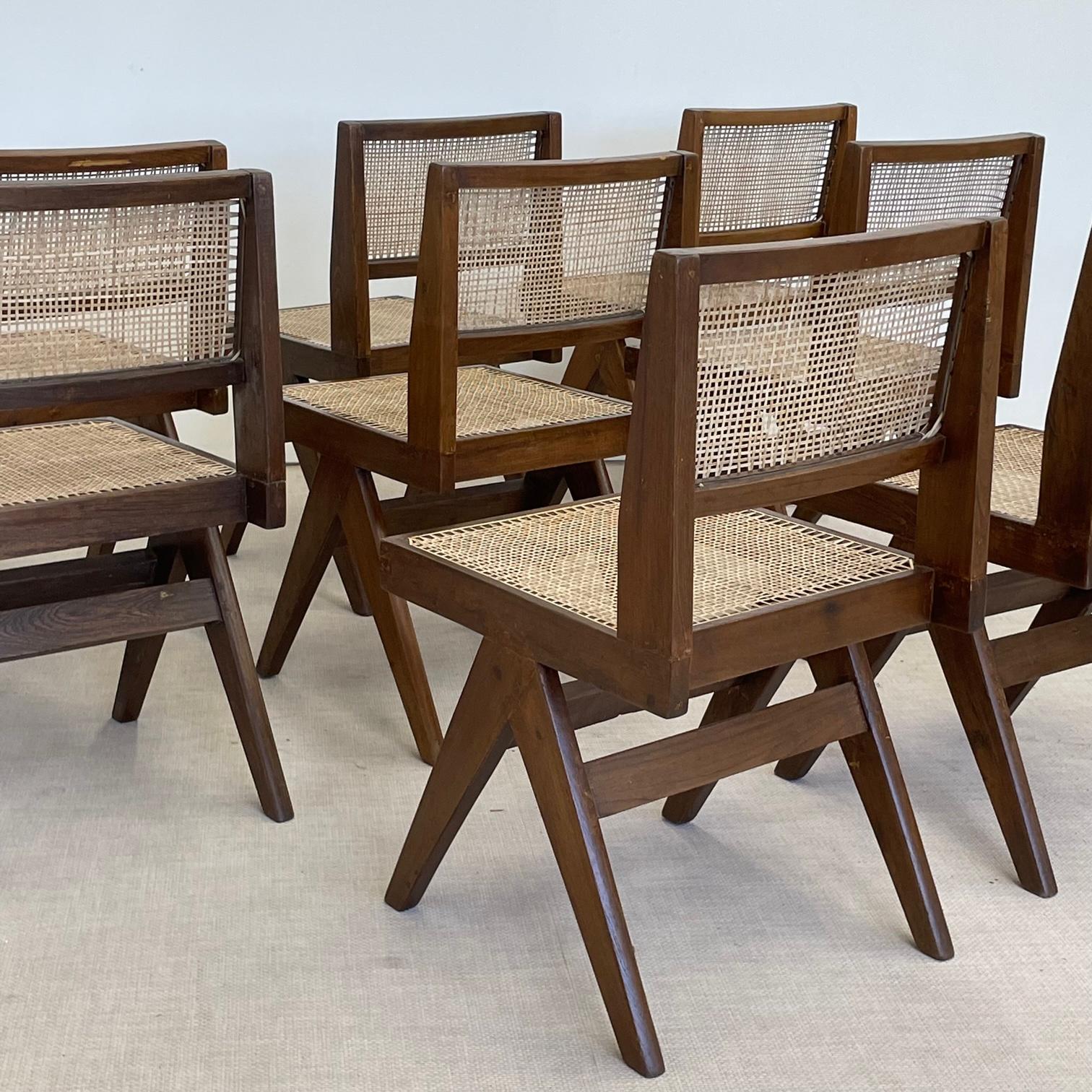 20th Century 10 Pierre Jeanneret Armless Dining Chairs, Teak, Cane, France/India