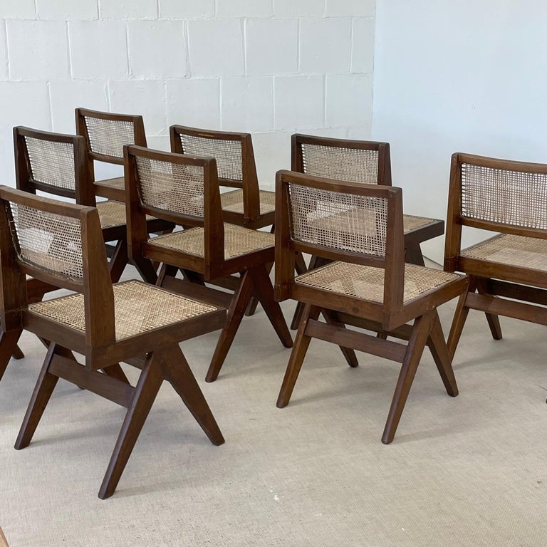10 Pierre Jeanneret Armless Dining Chairs, Teak, Cane, France/India at