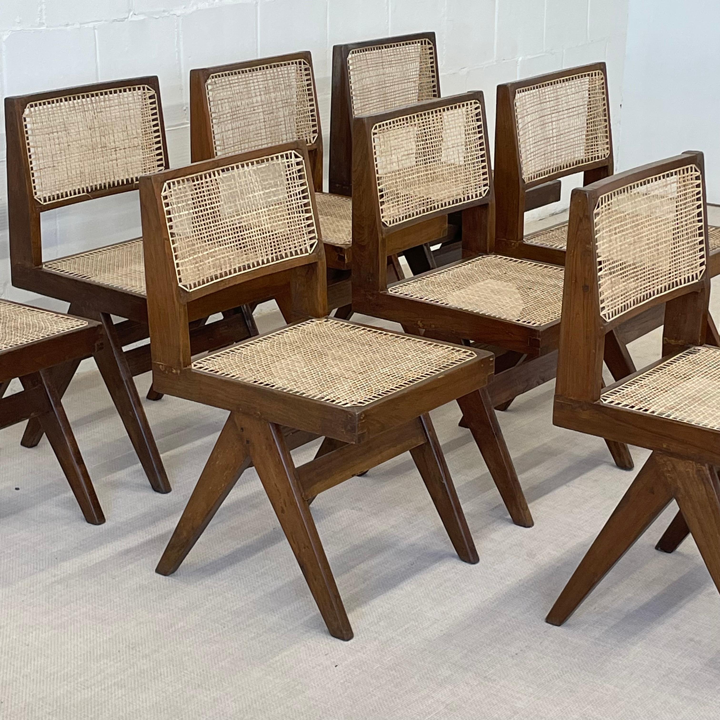 Mid-Century Modern 10 Pierre Jeanneret Armless Dining Chairs, Teak, Cane, France/India