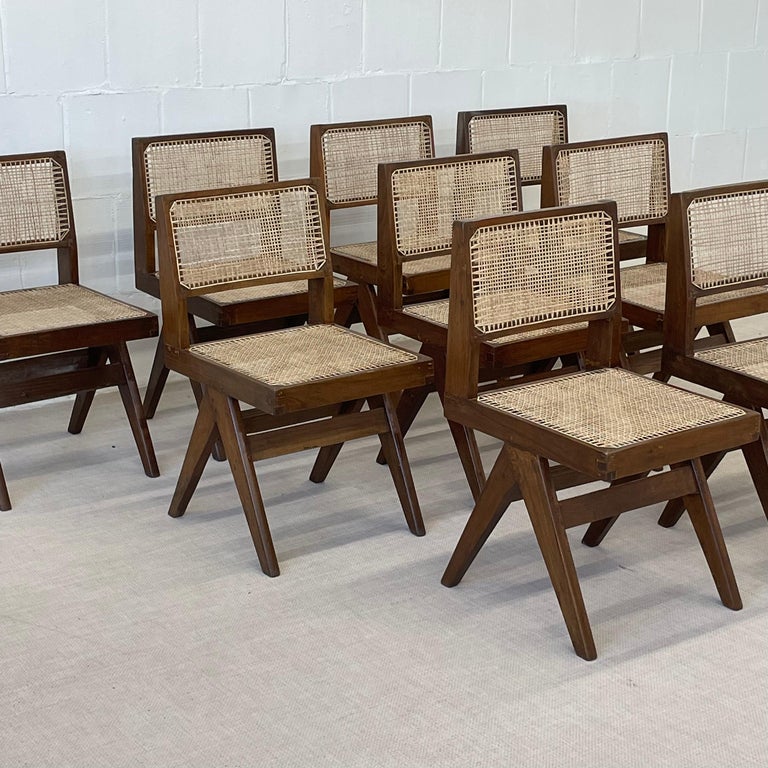 10 Pierre Jeanneret Armless Dining Chairs, Teak, Cane, France/India at