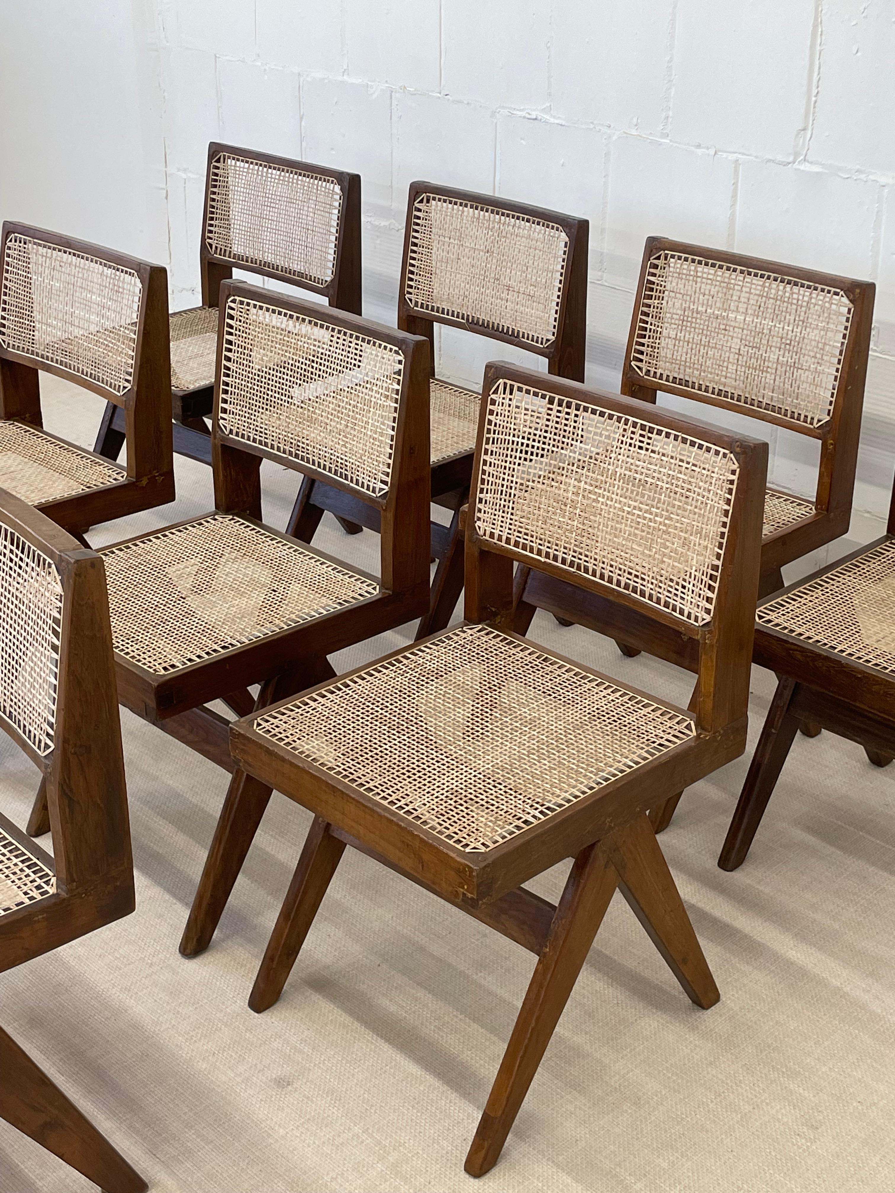 Caning 10 Pierre Jeanneret Armless Dining Chairs, Teak, Cane, France/India