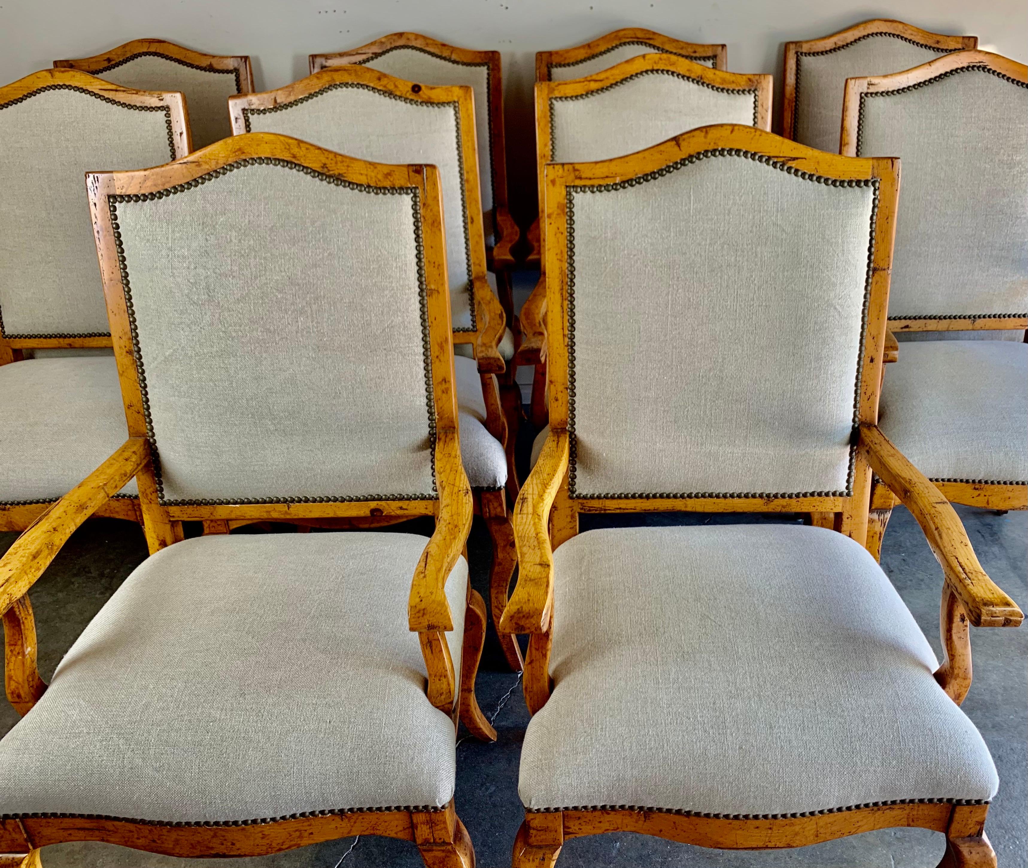 French Provincial Set of Ten Pine Dining Armchairs with Belgium Linen Upholstery