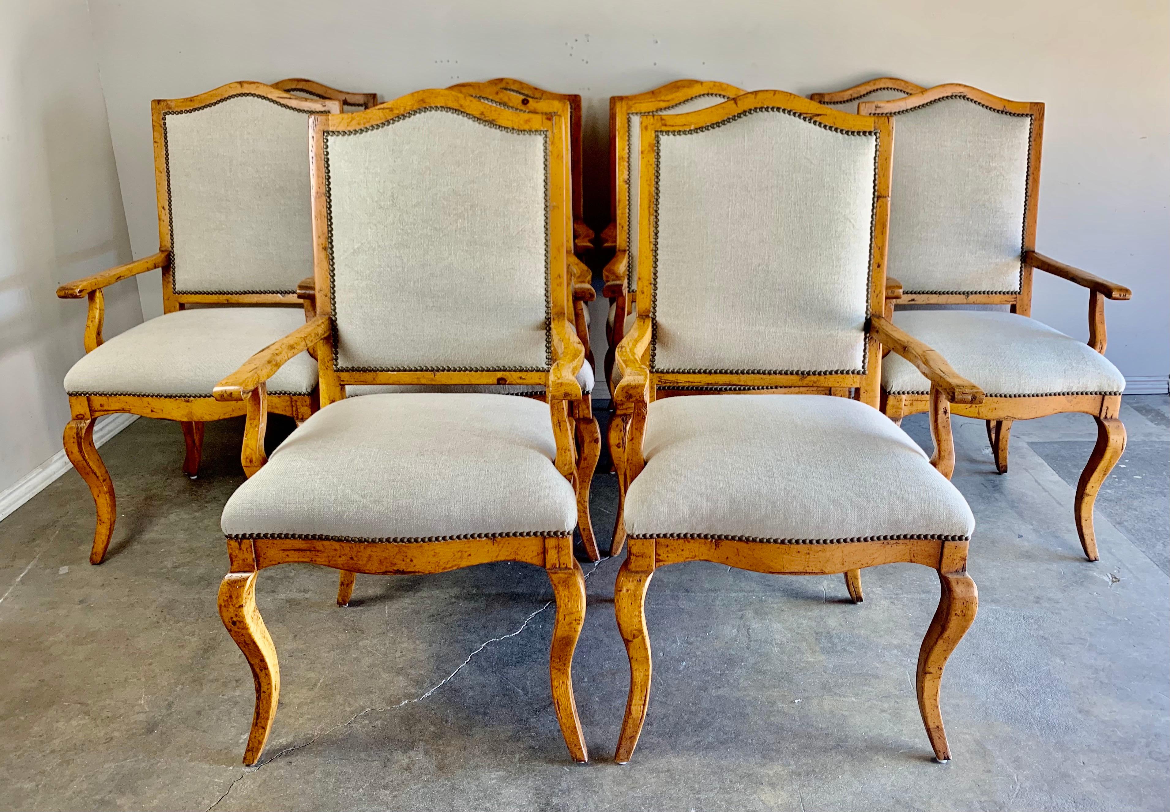 French Set of Ten Pine Dining Armchairs with Belgium Linen Upholstery