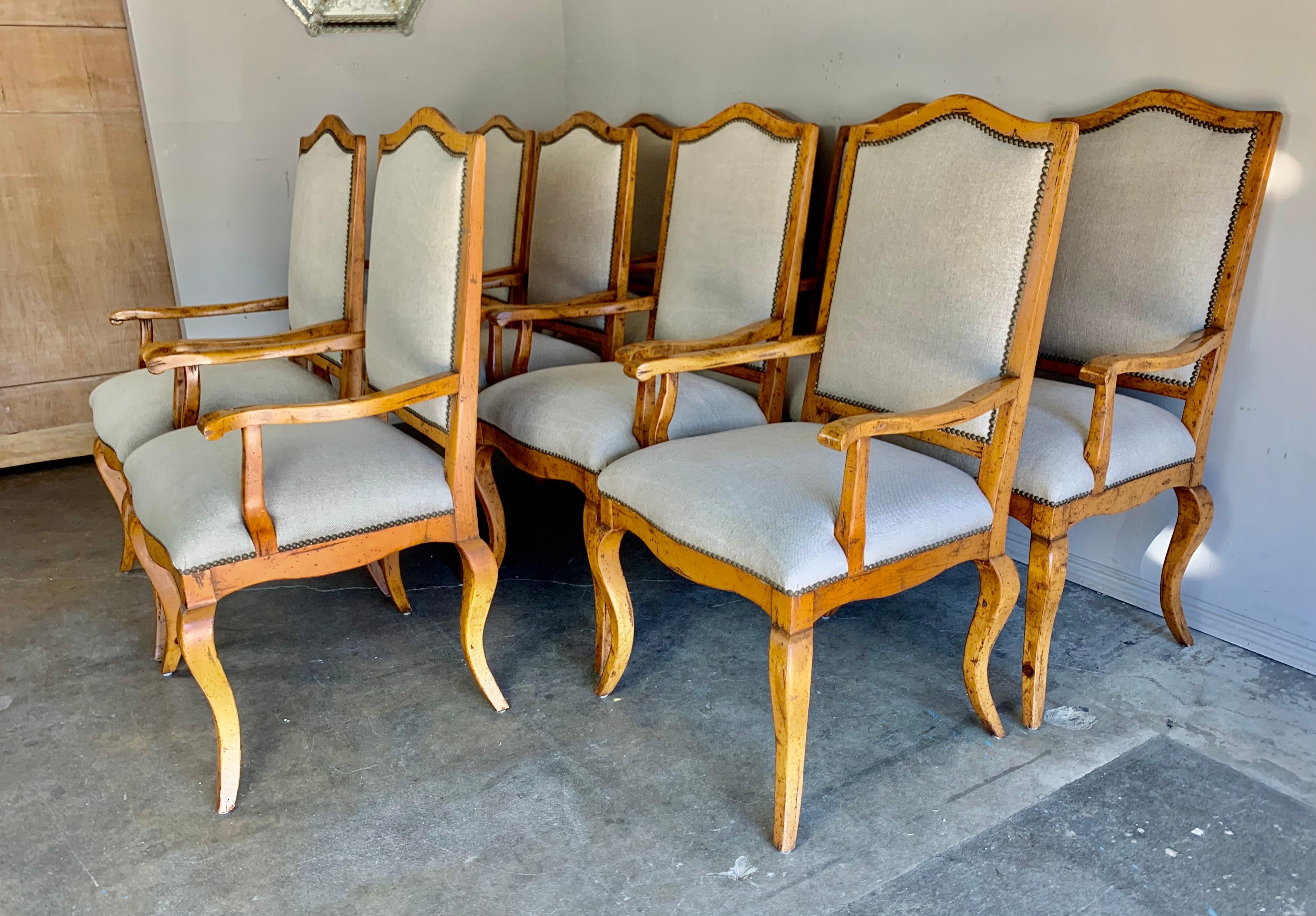 Set of Ten Pine Dining Armchairs with Belgium Linen Upholstery 2
