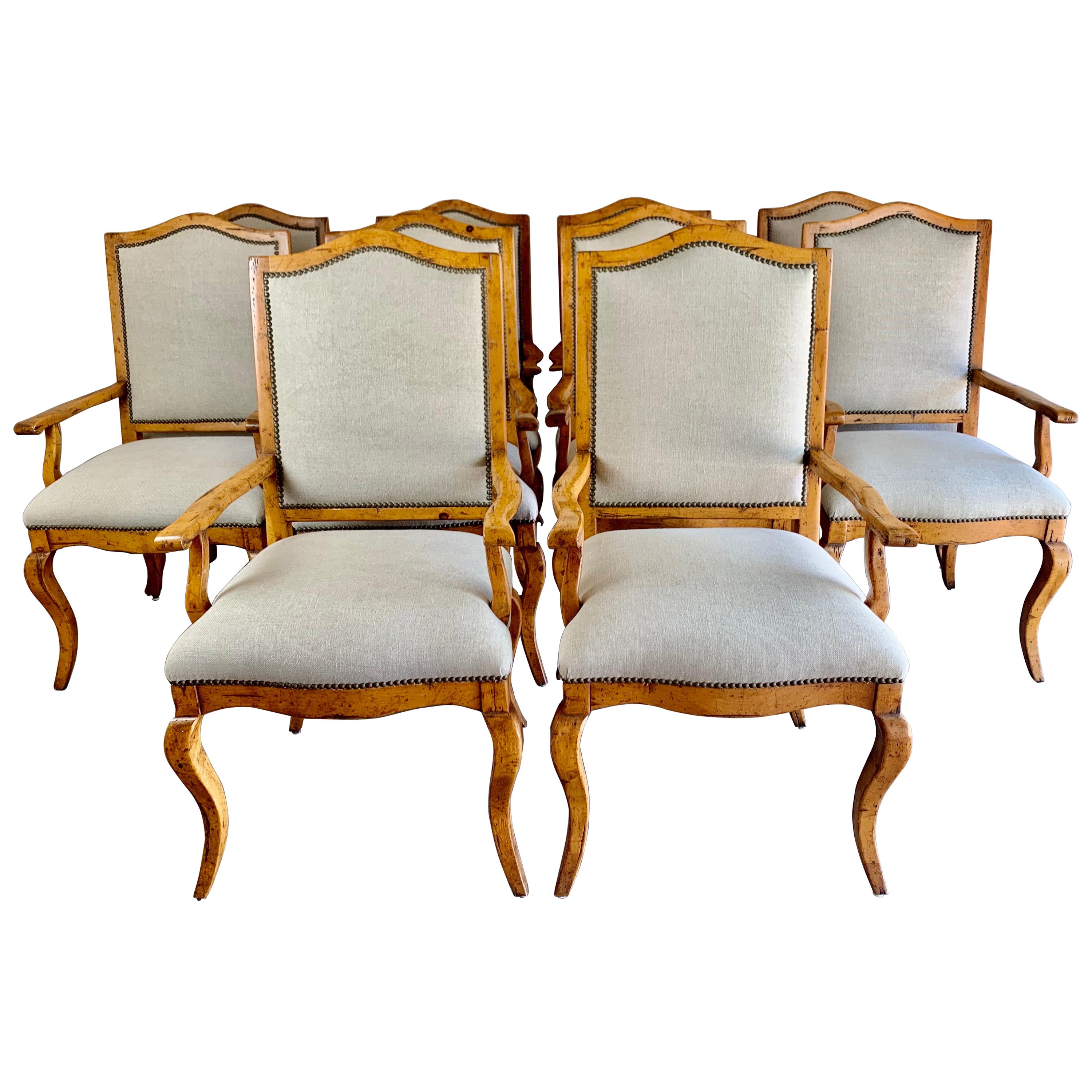 Set of Ten Pine Dining Armchairs with Belgium Linen Upholstery