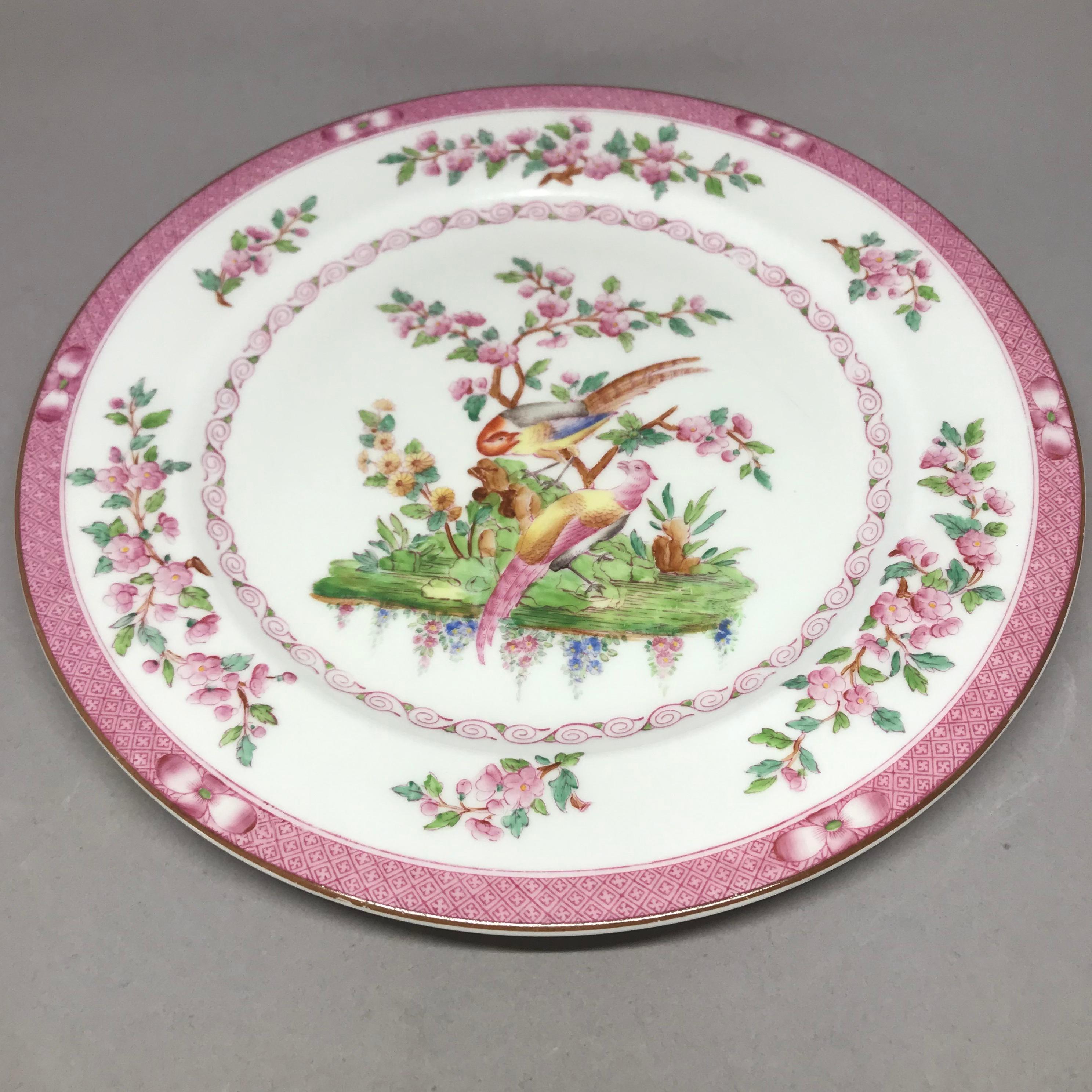 English Set of Ten Pink Bird Plates For Sale