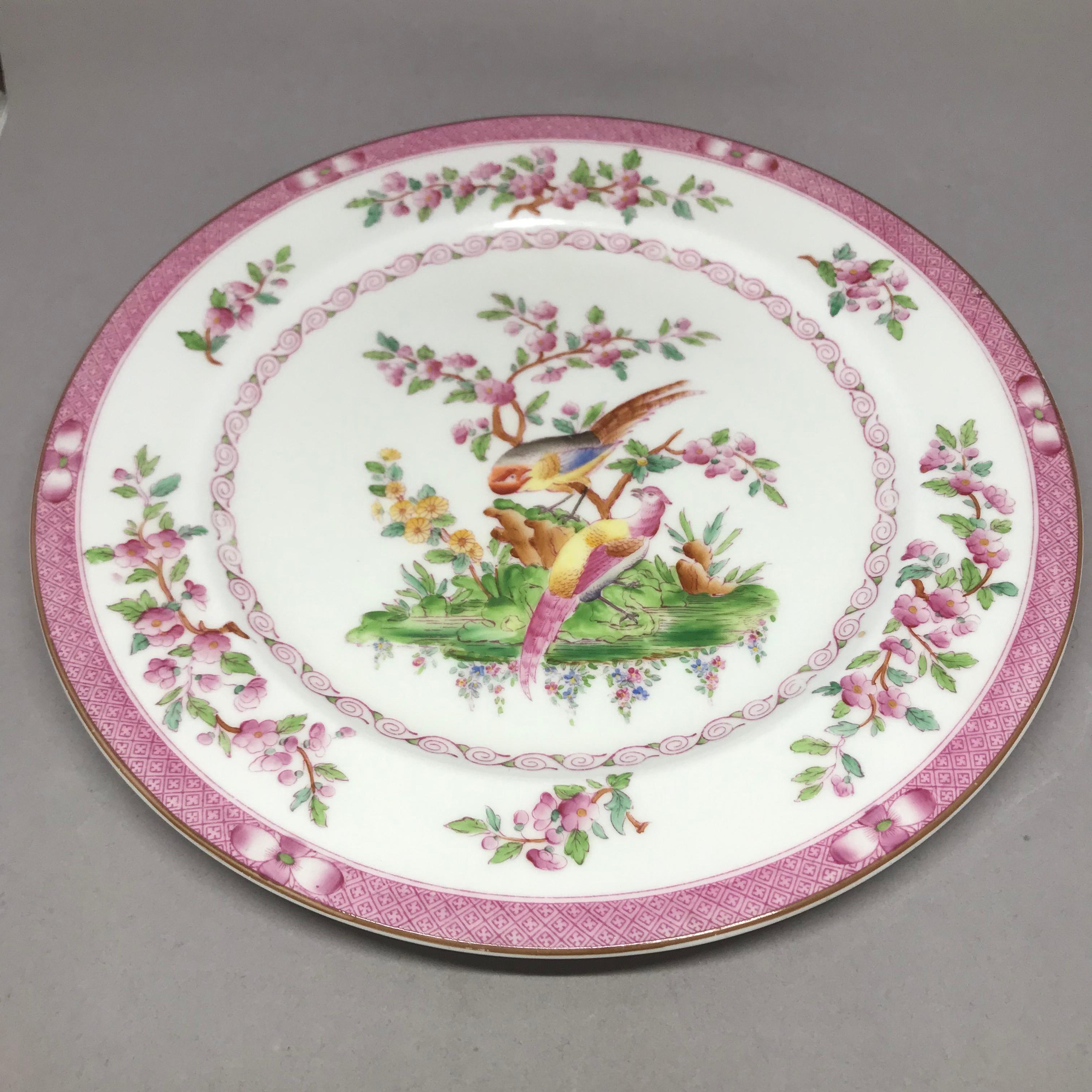 Porcelain Set of Ten Pink Bird Plates For Sale