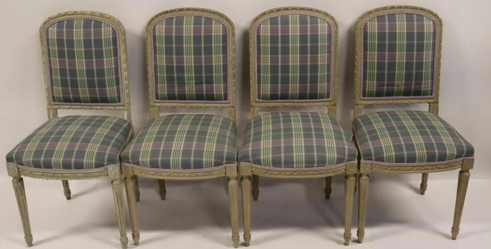 French Set of Ten Plaid and Painted Louis XVI Style Dining Chairs, circa 1930
