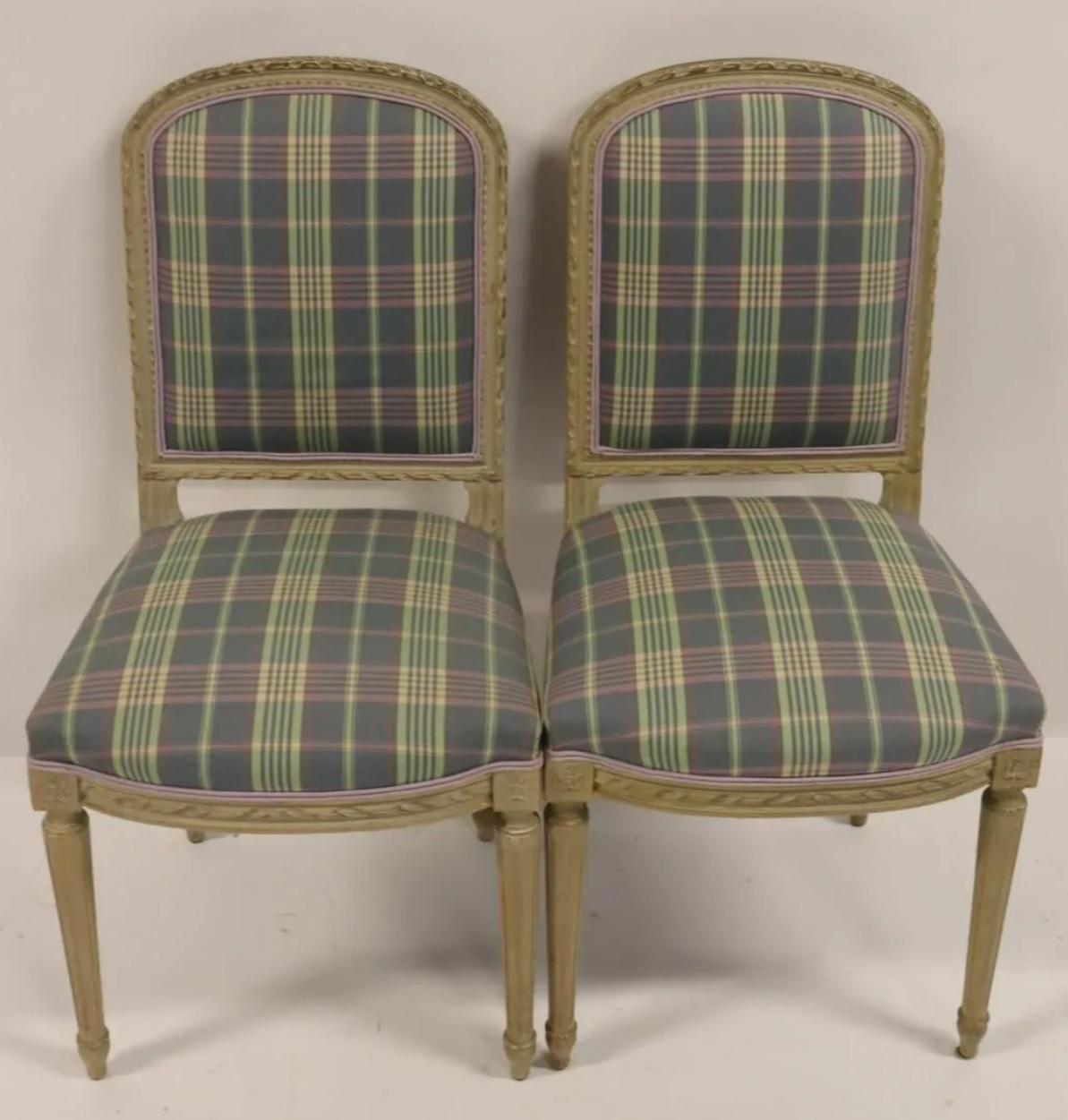 Set of Ten Plaid and Painted Louis XVI Style Dining Chairs, circa 1930 In Good Condition In Chicago, IL