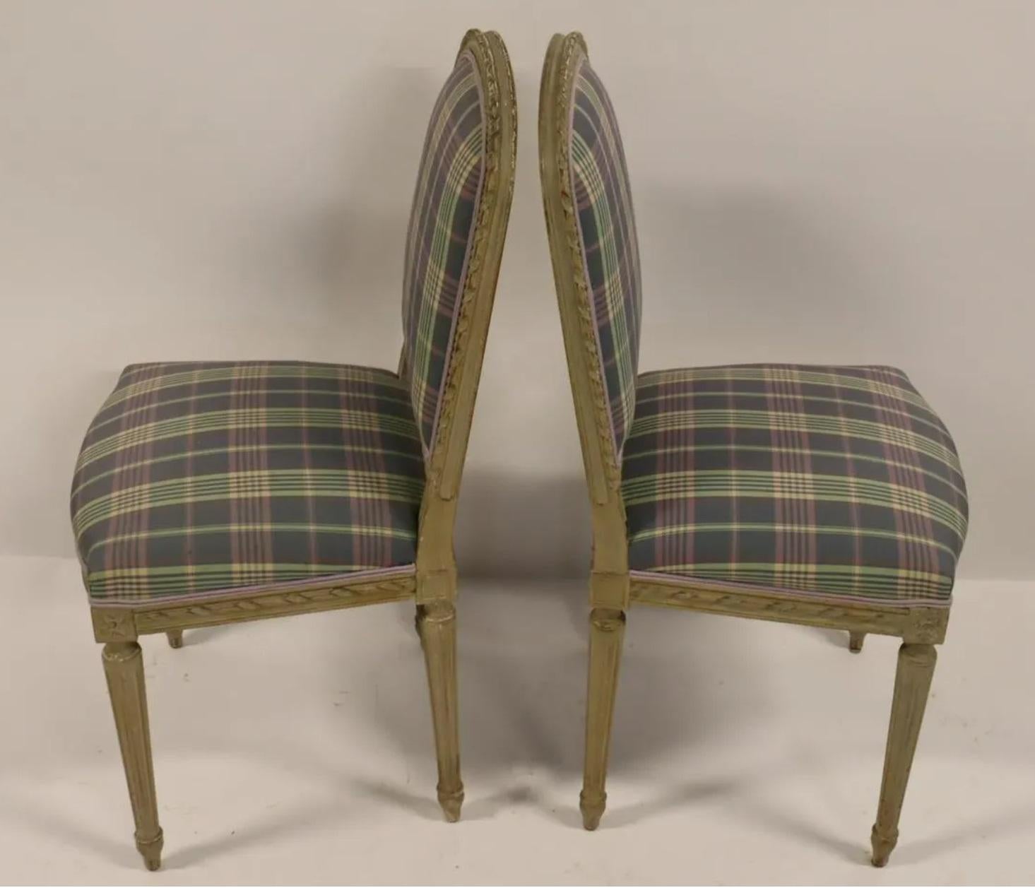 Mid-20th Century Set of Ten Plaid and Painted Louis XVI Style Dining Chairs, circa 1930