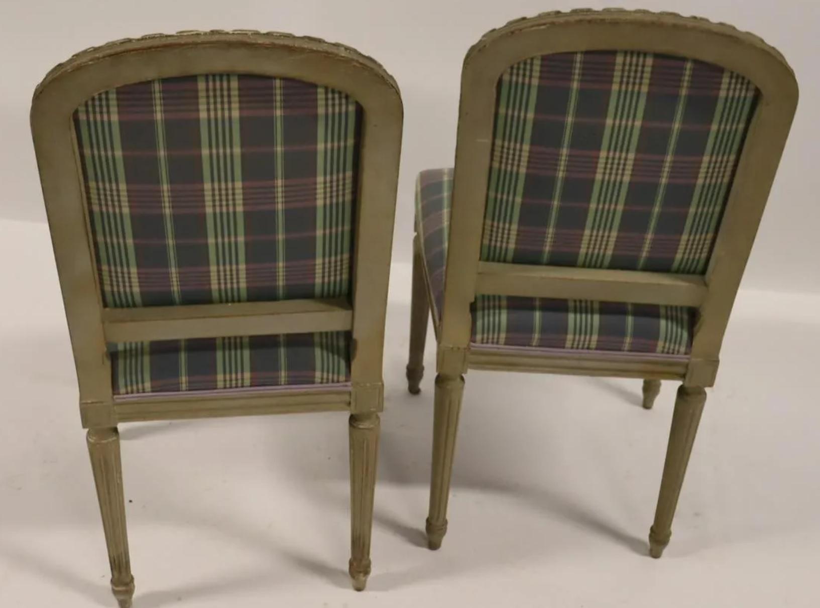 Upholstery Set of Ten Plaid and Painted Louis XVI Style Dining Chairs, circa 1930