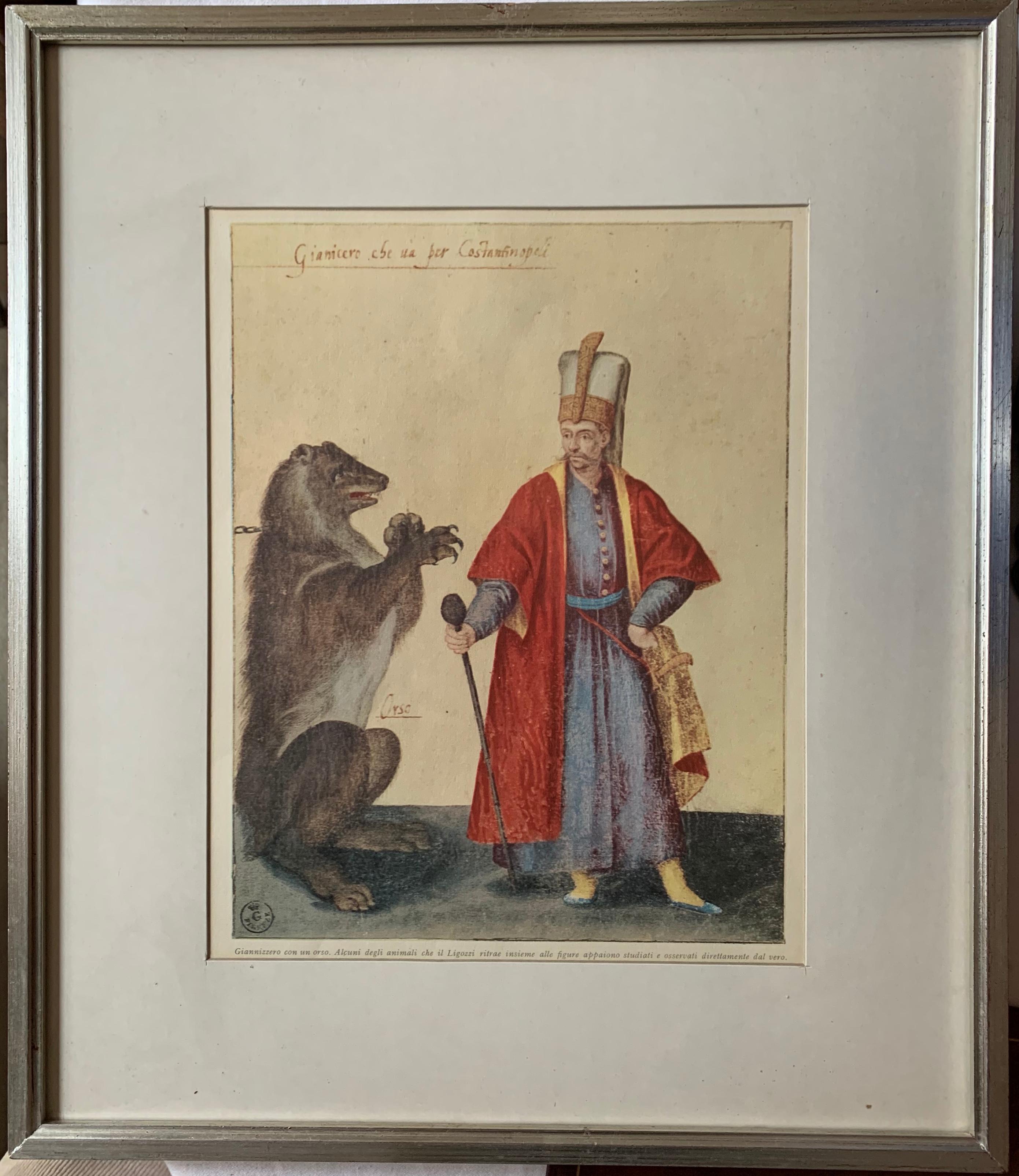 Set of ten prints of Ottoman figures with animals. Beautifully decorative assemblage of ten vintage silver framed prints of 16th century engravings by Jacopo Ligozzi of fabulously attired Ottoman courtesans, ambassadors, and exotics with attendant