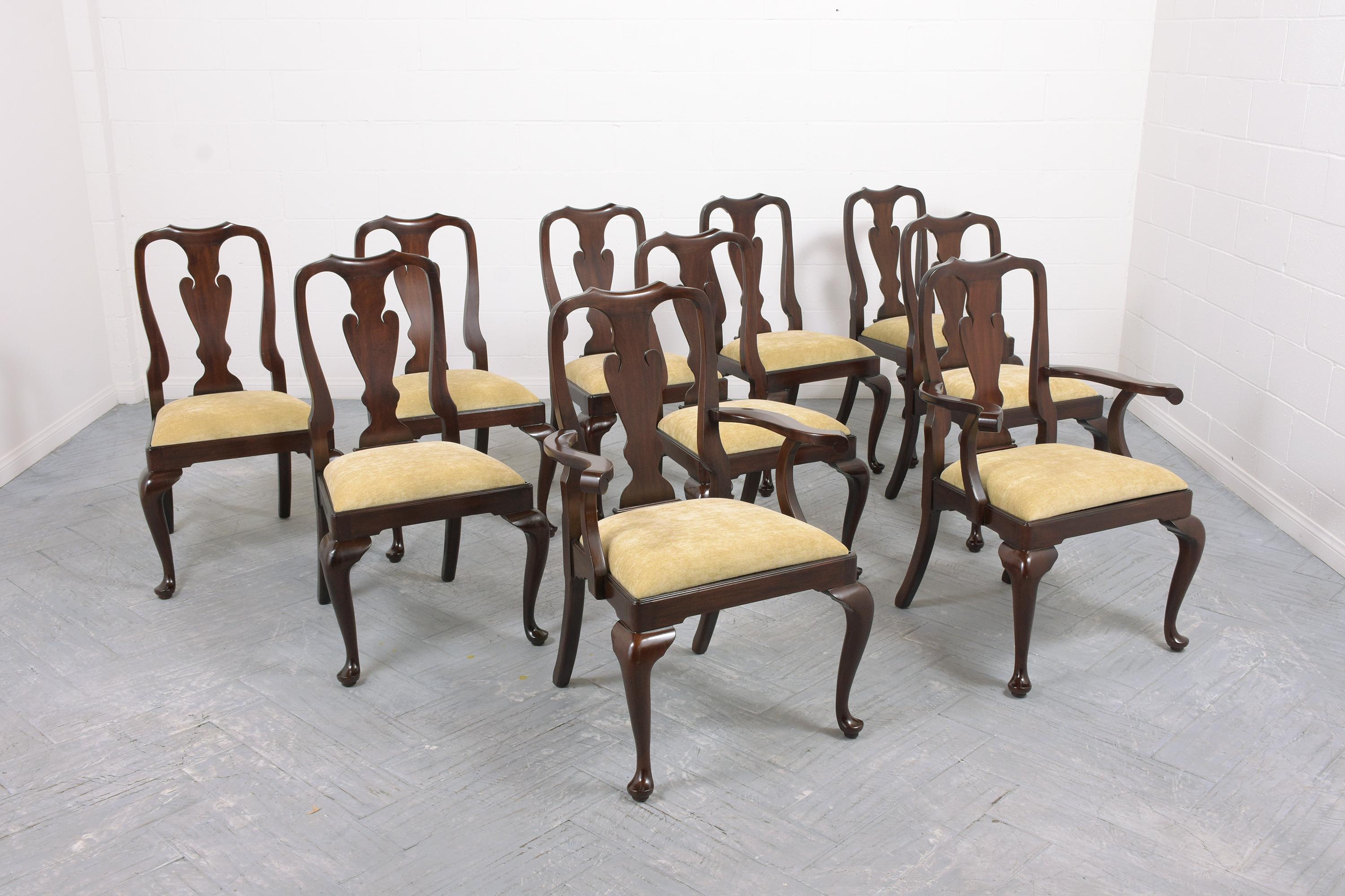 This extraordinary set of ten Queen Anne dining chairs is in great condition, beautifully crafted out of mahogany wood, and has been completely restored by our professional craftsmen team. This vintage dining set comes with two armchairs & eight