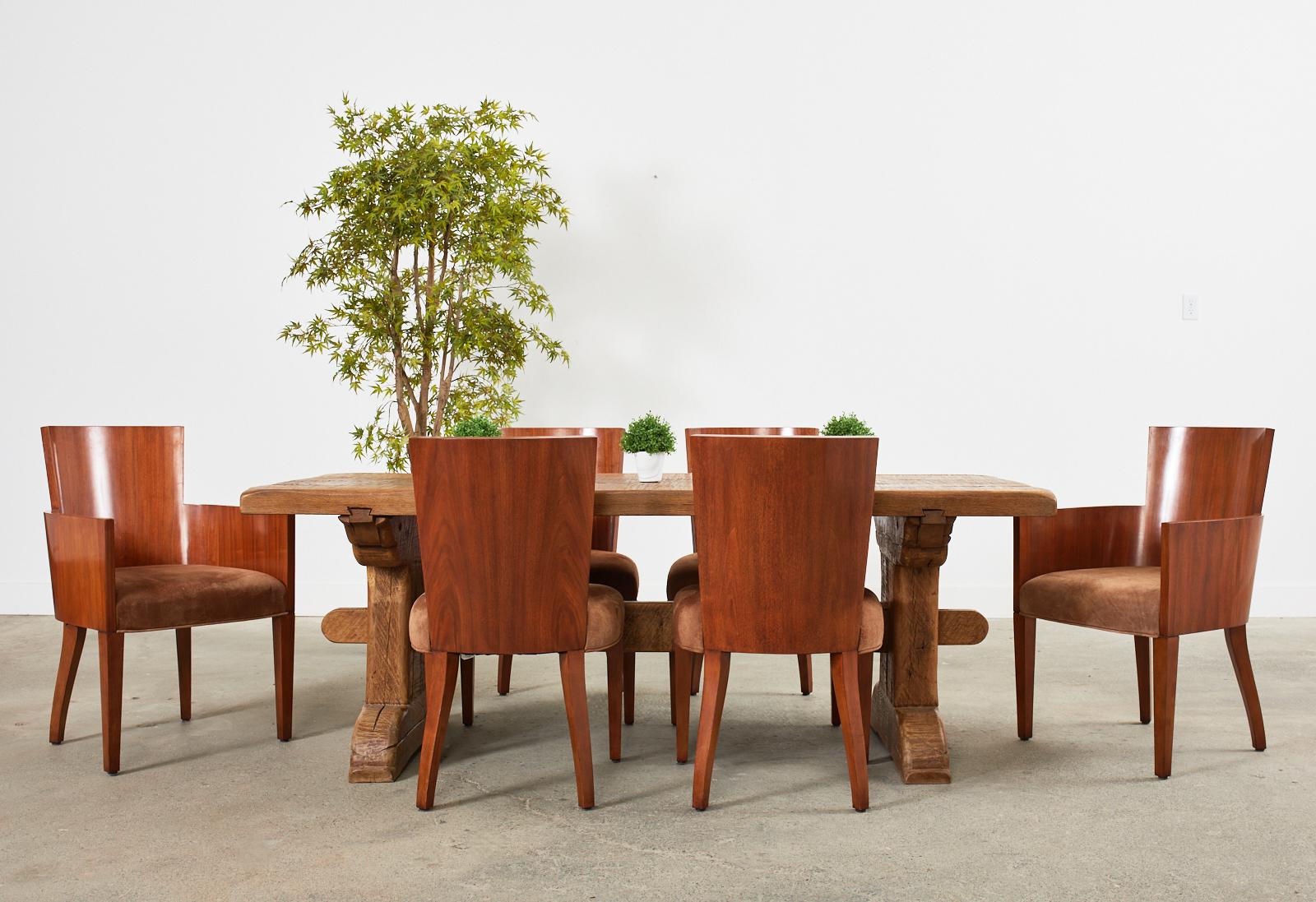 Amazing set of ten art deco style mahogany dining chairs designed by Ralph Lauren for Henredon. From Lauren's modern Hollywood collection that paid homage to early Hollywood glamour. The set consists of eight side chairs and two host armchairs