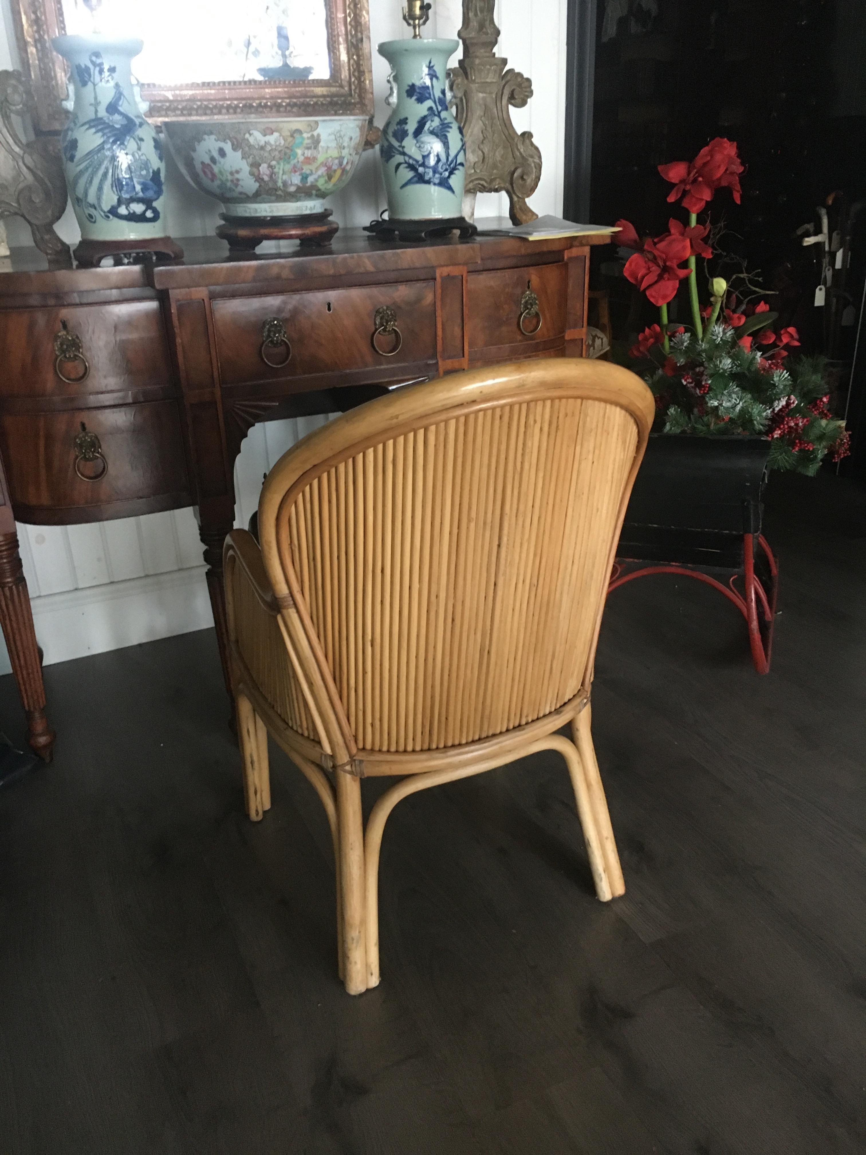 Set Of Ten Rattan Frame Chairs with White Upholstery In the style of McQuire. In Excellent Condition In Buchanan, MI