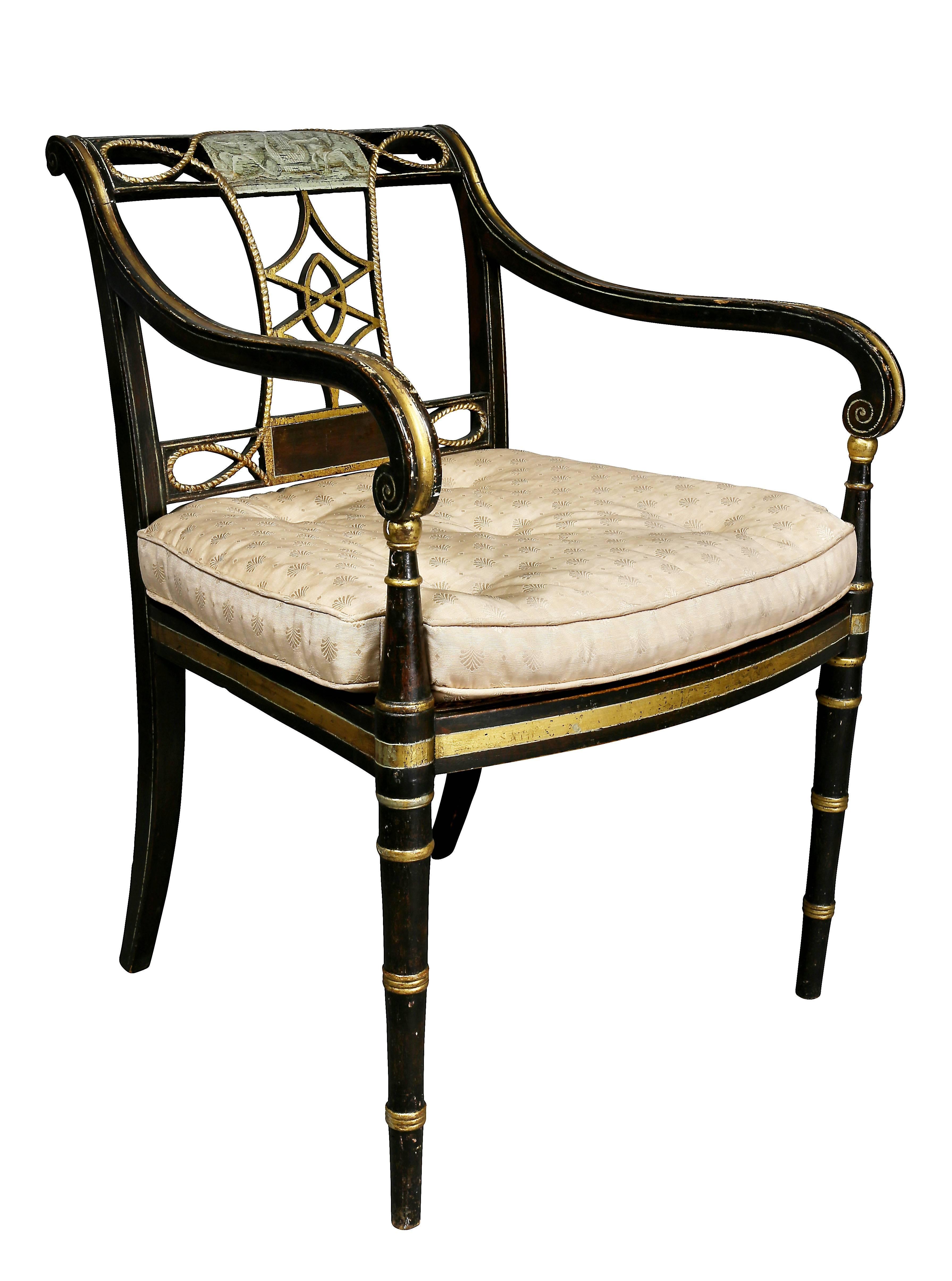 Each with tablet crestrail with central grisaille panel flanked by open carved decoration, shaped opposing diamond form splat, caned seat raised on circular tapered legs. Provenance available.