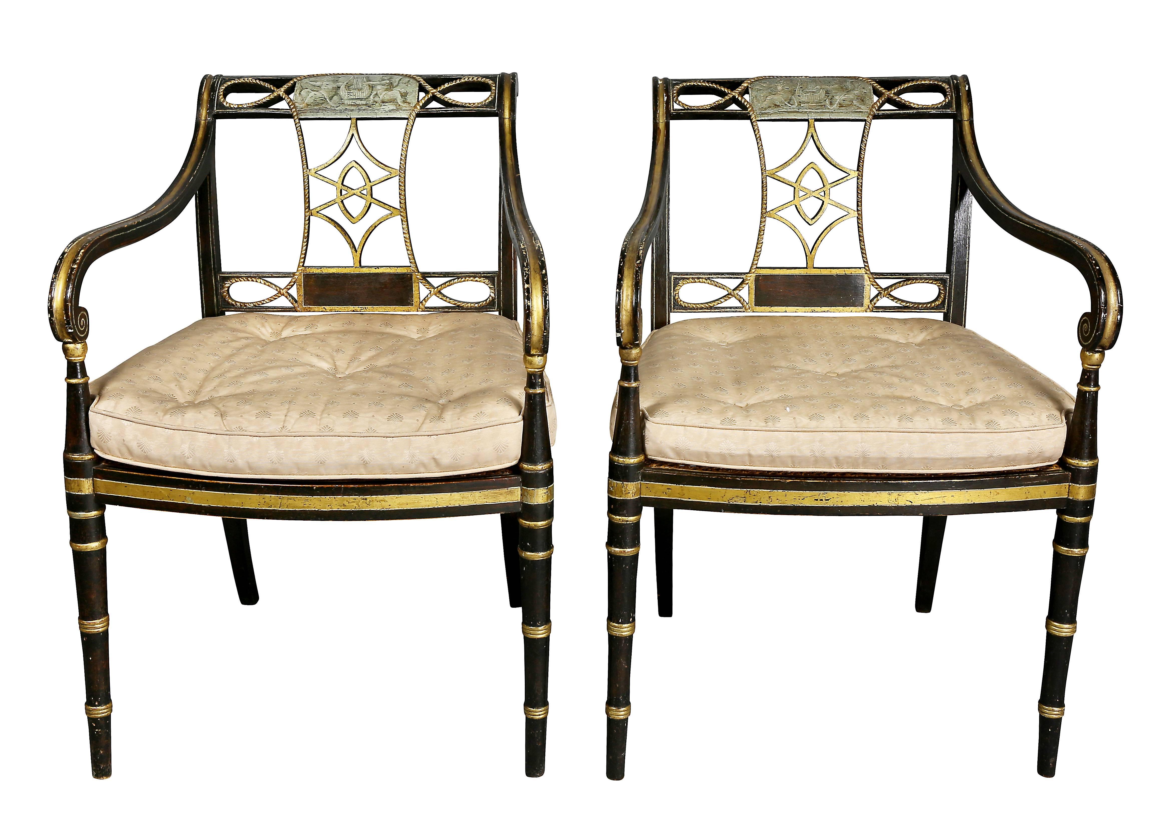 English Set of Ten Regency Painted and Giltwood Armchairs