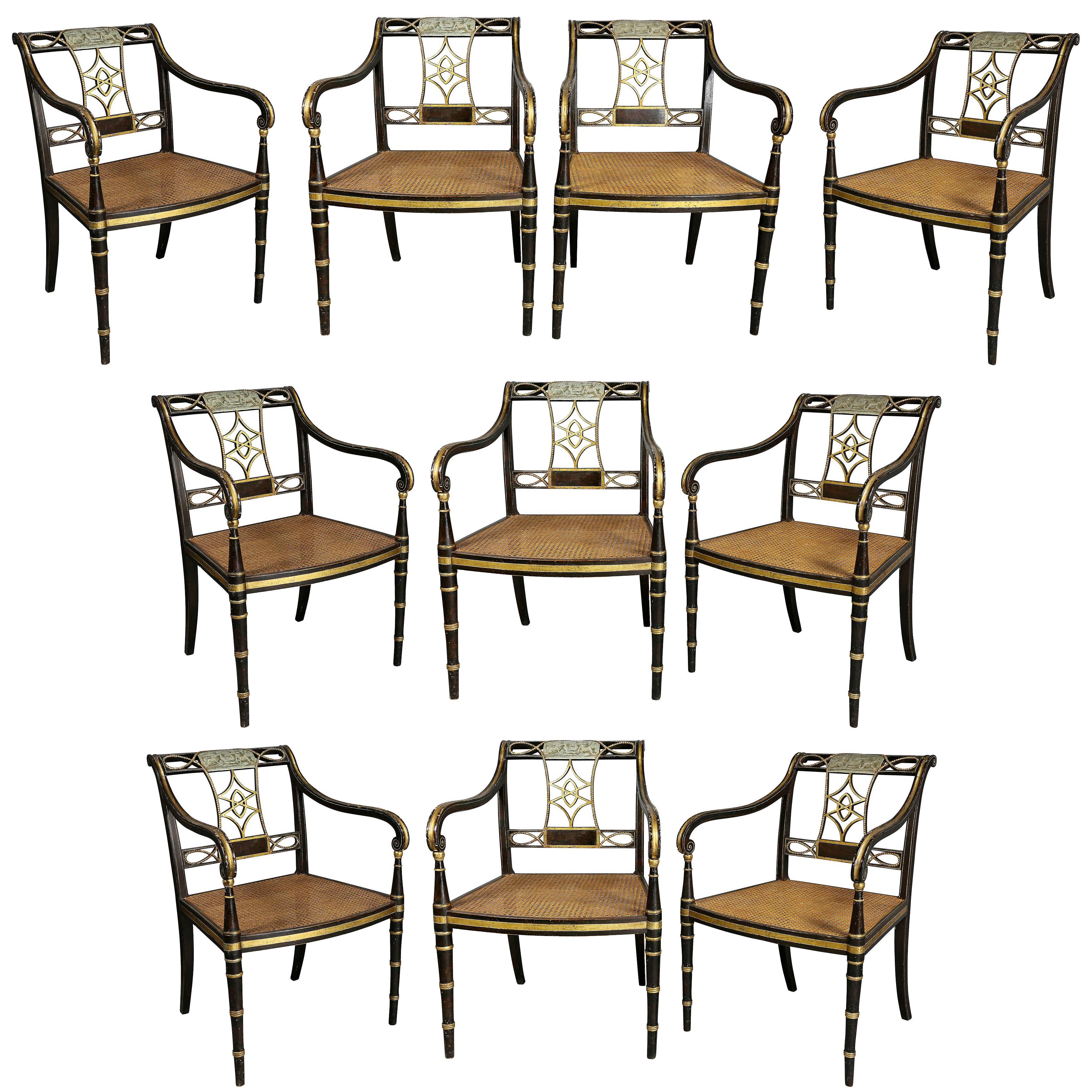 Set of Ten Regency Painted and Giltwood Armchairs