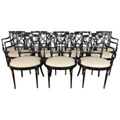 Set of Ten Regency-Style Ebonized Dining Chairs with Linen Seats