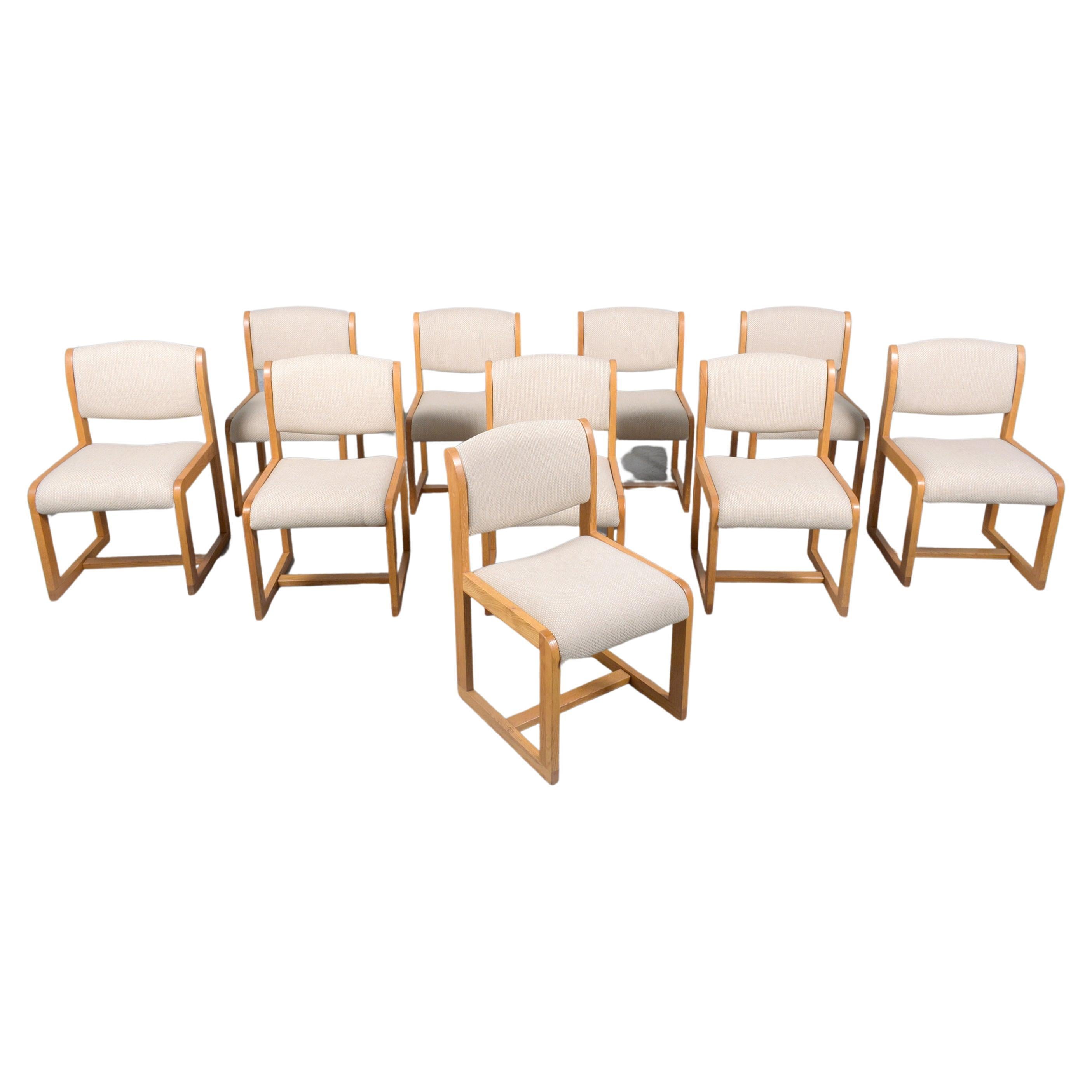 1980s Solid Oak Dining Chairs with Ivory Upholstery For Sale