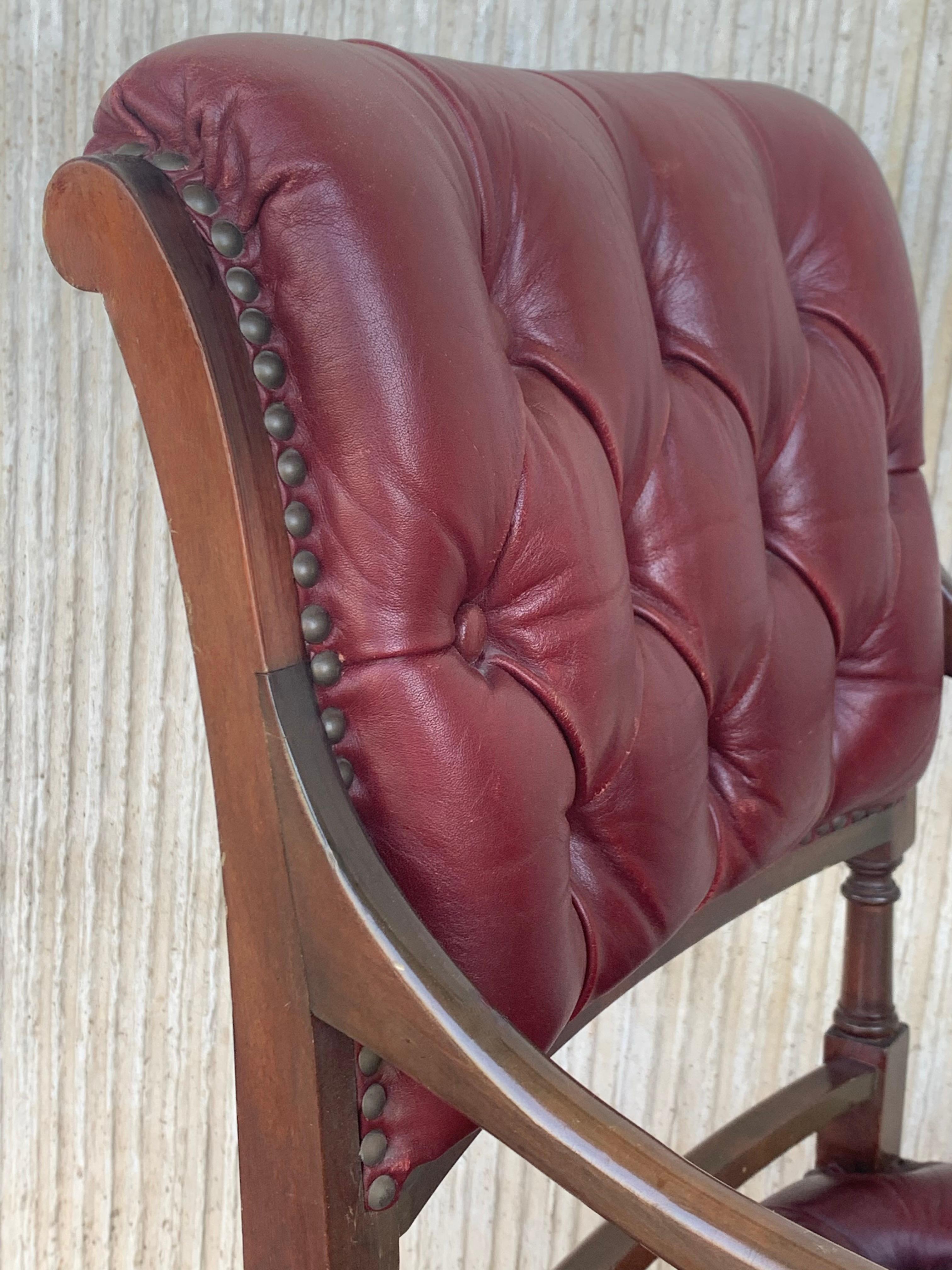 Set of Ten Restored Vintage Chesterfield Hardwood Red Leather Dining Armchairs For Sale 6