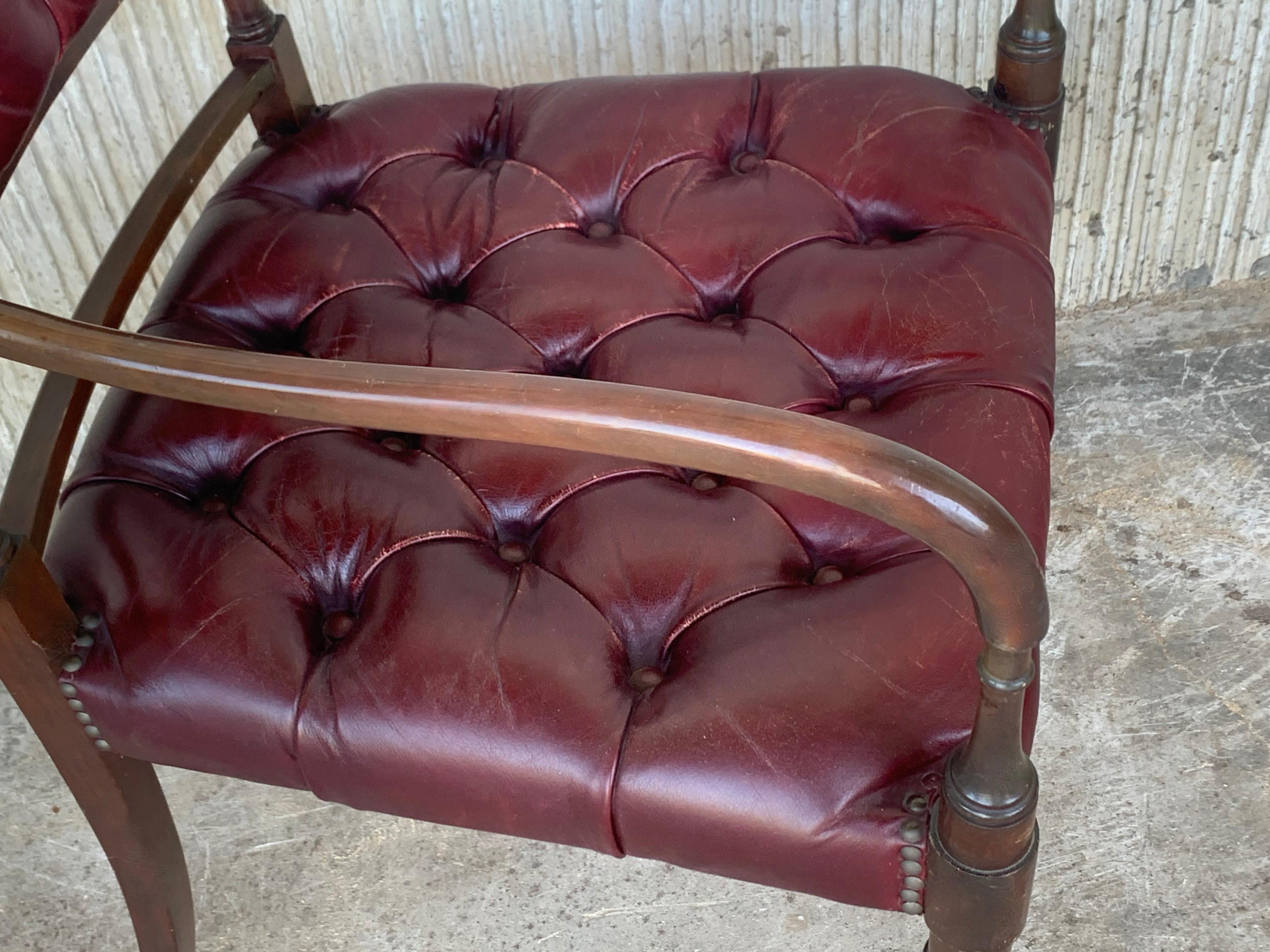 Set of Ten Restored Vintage Chesterfield Hardwood Red Leather Dining Armchairs For Sale 7