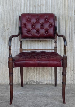 Set of Ten Restored Vintage Chesterfield Hardwood Red Leather Dining Armchairs
