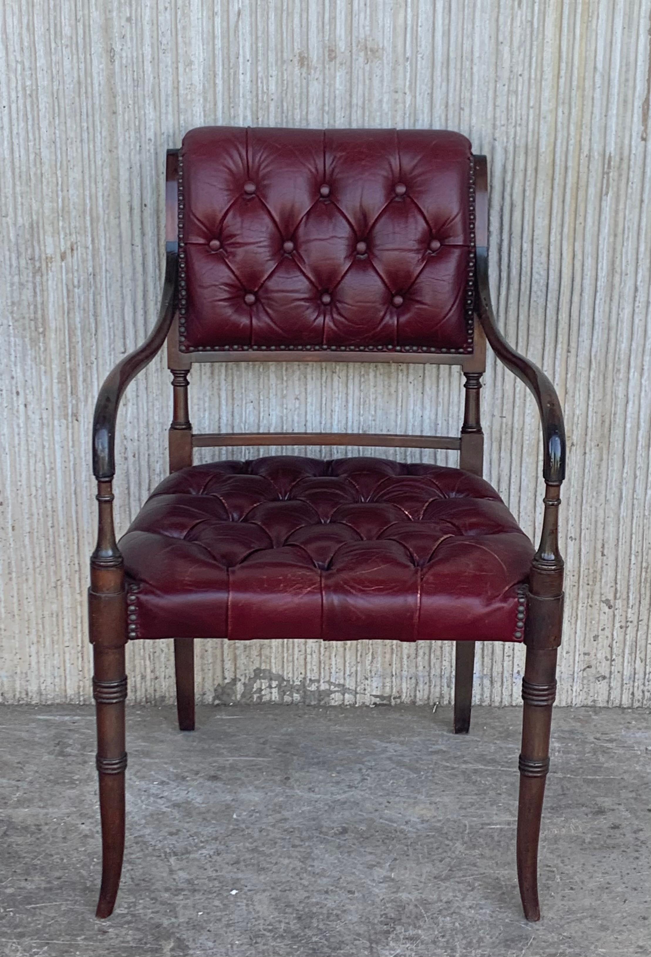English Set of Ten Restored Vintage Chesterfield Hardwood Red Leather Dining Armchairs For Sale