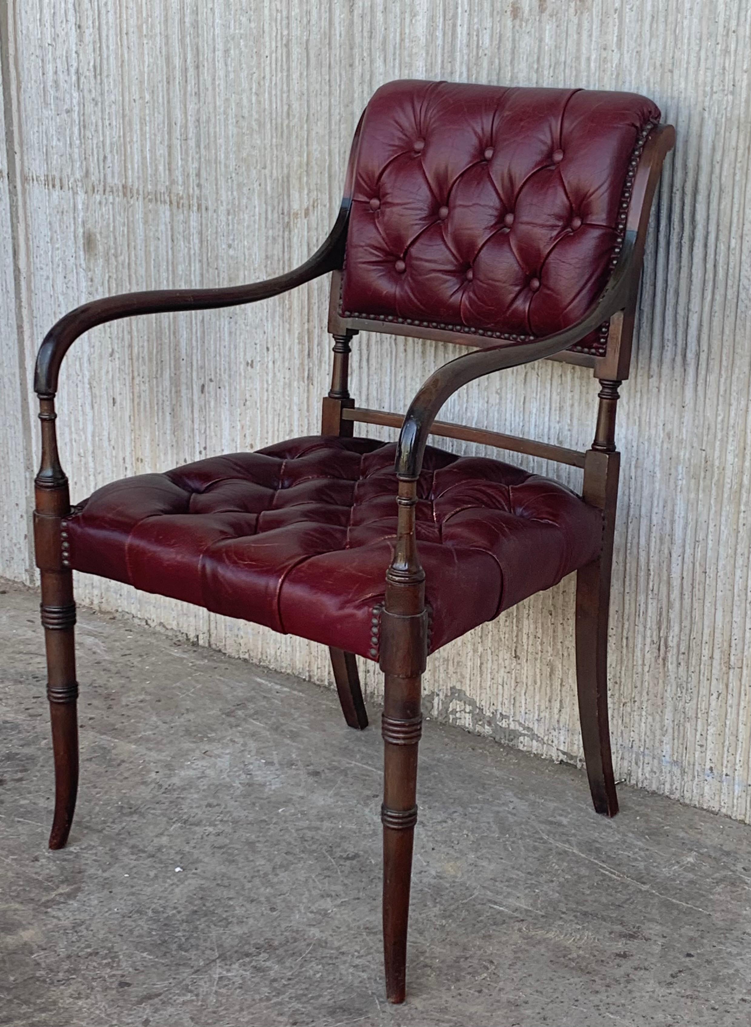 Set of Ten Restored Vintage Chesterfield Hardwood Red Leather Dining Armchairs In Good Condition For Sale In Miami, FL