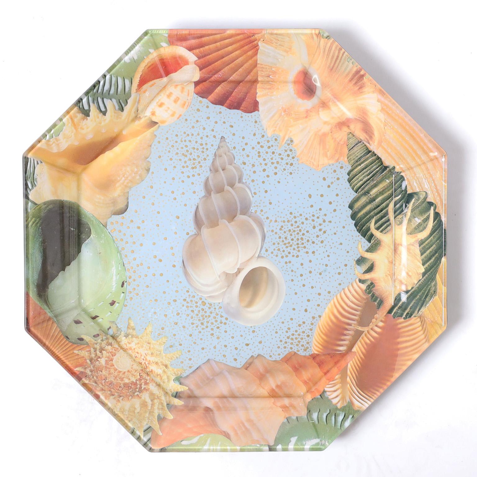 Set of Ten Reverse Decoupage Seashell Glass Plates by Pablo Manzoni For Sale 2