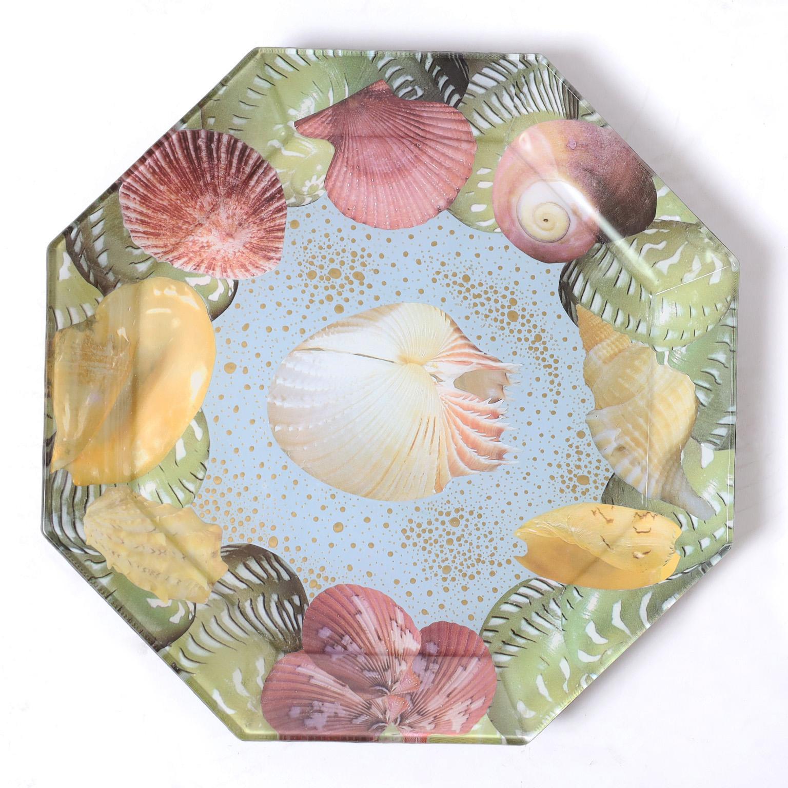 Set of Ten Reverse Decoupage Seashell Glass Plates by Pablo Manzoni For Sale 3