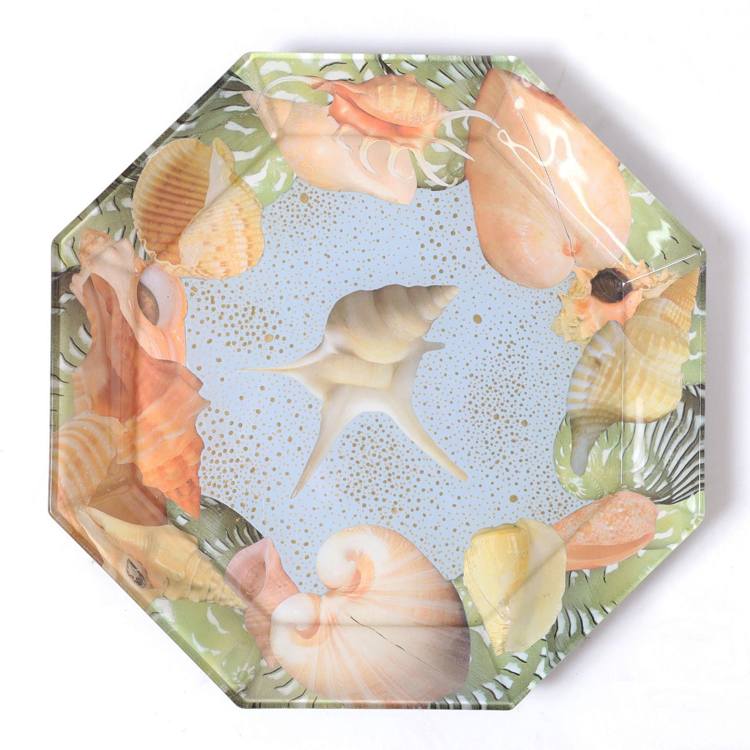 Mid-Century Modern Set of Ten Reverse Decoupage Seashell Glass Plates by Pablo Manzoni For Sale